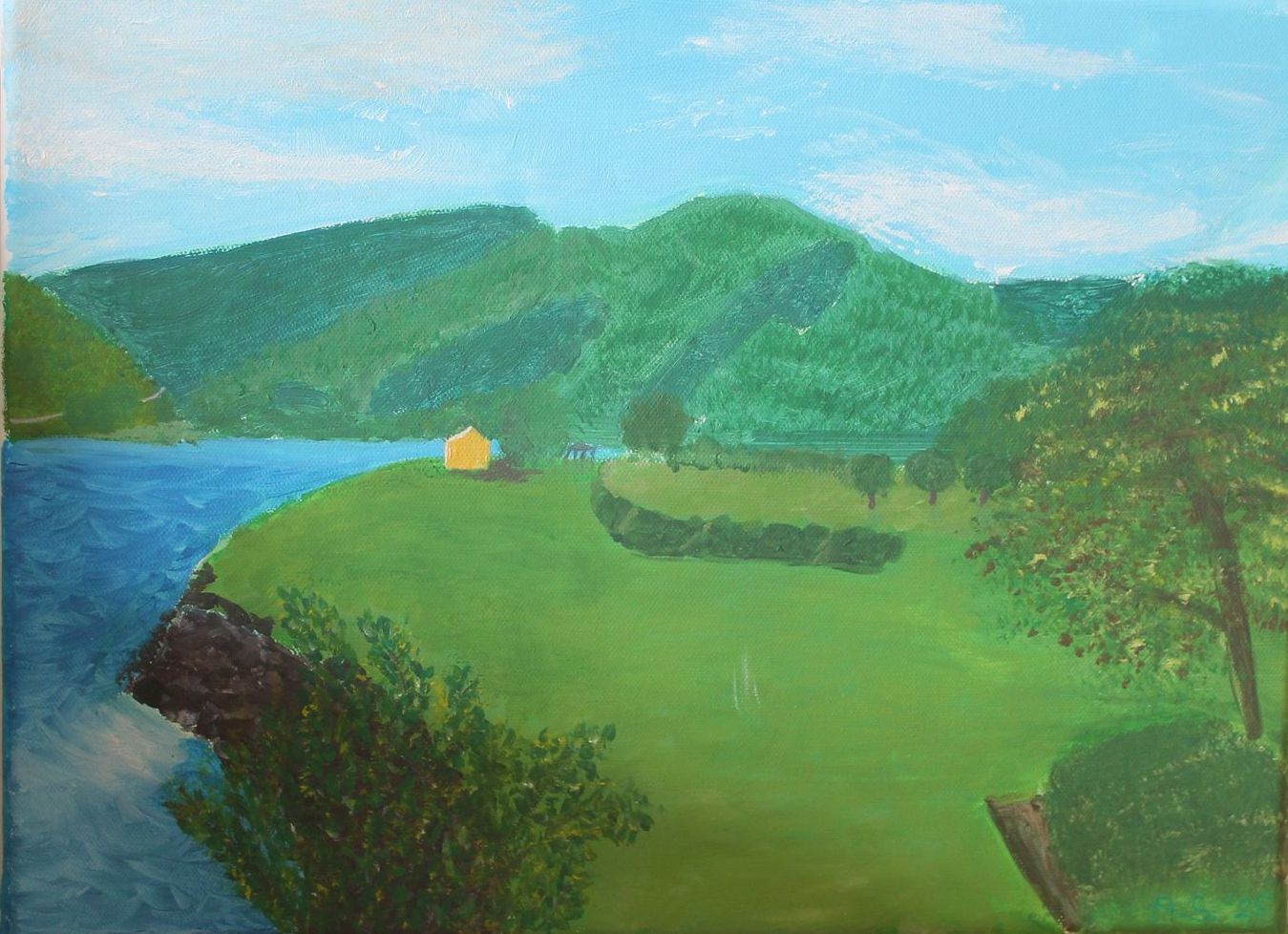 Landschapsschilderij van een blauw meer, groene heuvels, een geel huis en een blauwe lucht.