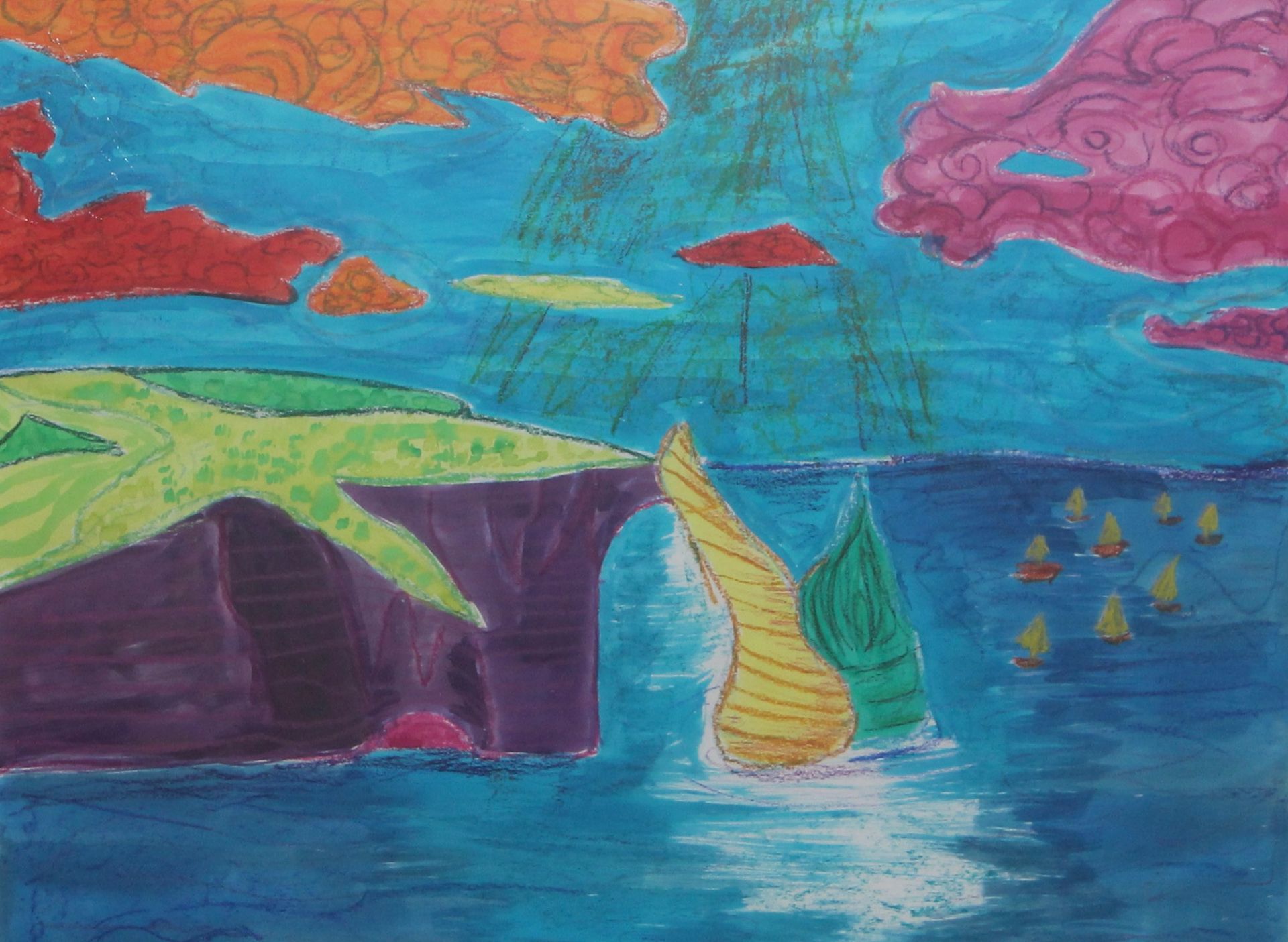 De rotskust van Frankrijk is hier kleurrijk afgebeeld met ecoline en oliepastel op papier formaat 50 x 65 cm
