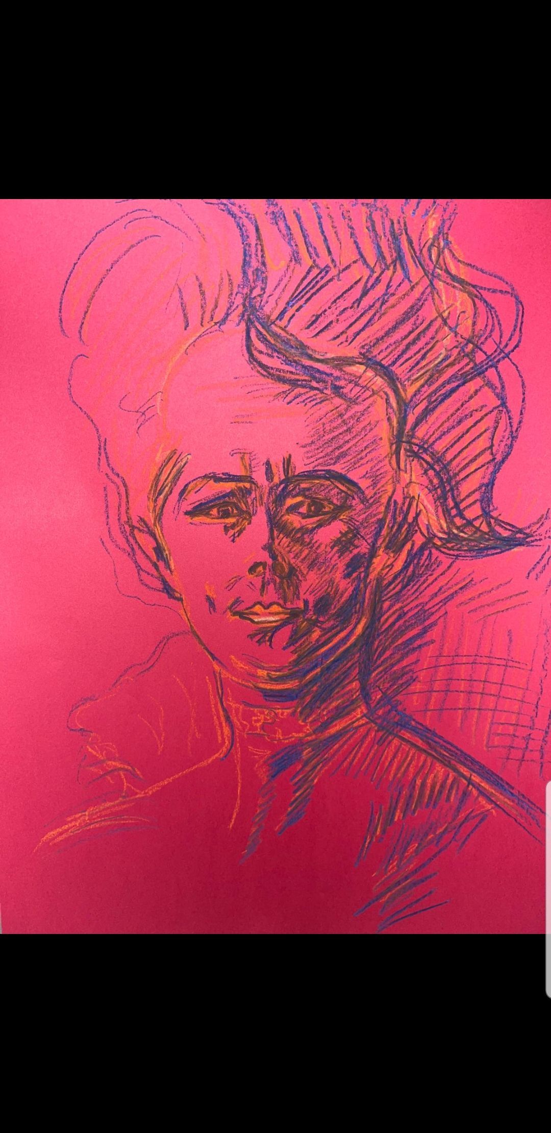 Een tekening van een vrouwengezicht op een roze achtergrond