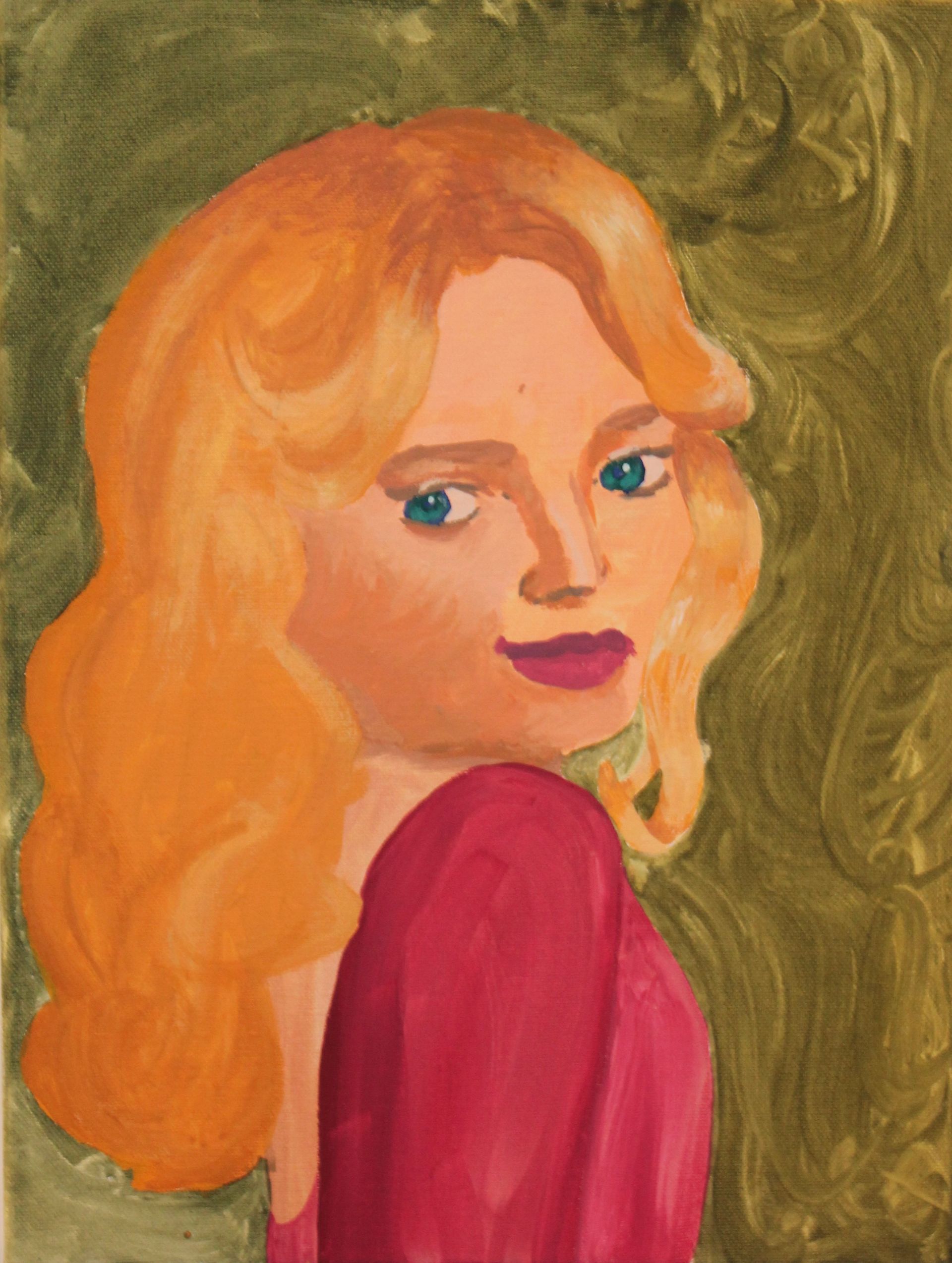 Schilderij van een jonge vrouw geschilderd met temperaverf op schilderdoek van 30 x 40 cm