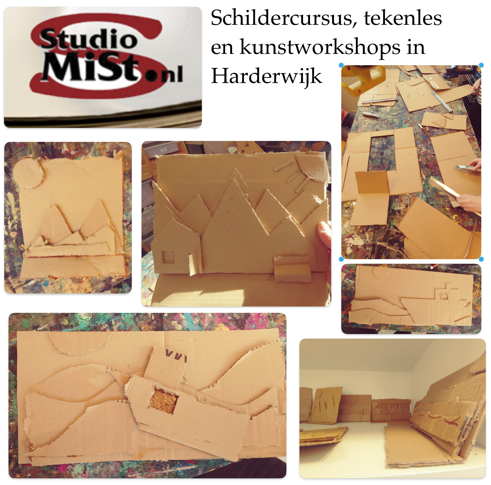 Een collage van kartonnen landschappen met de woorden studio mist bovenaan