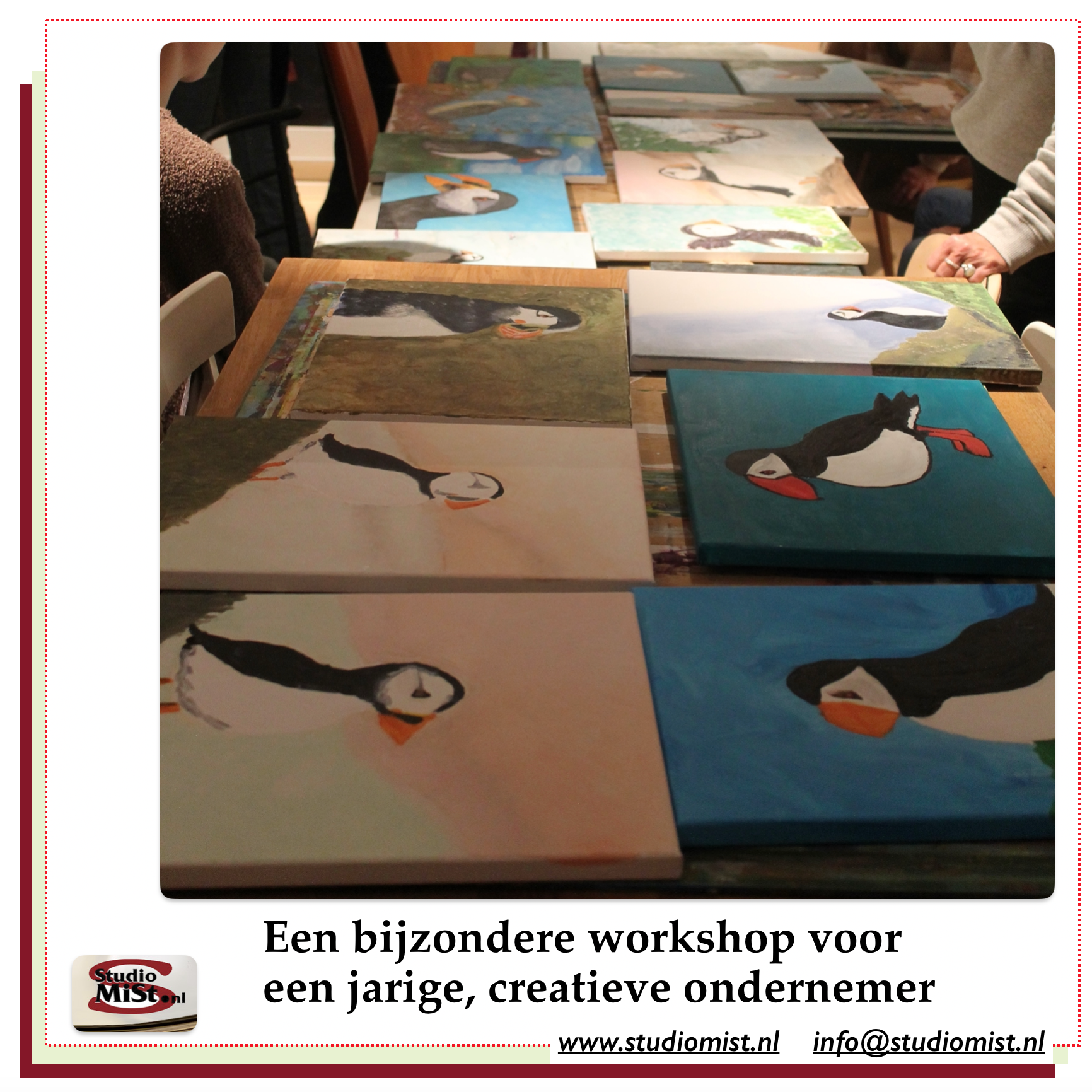Several paintings are on a table with the words een bijzondere workshop voor een jarige creatieve ondernemer