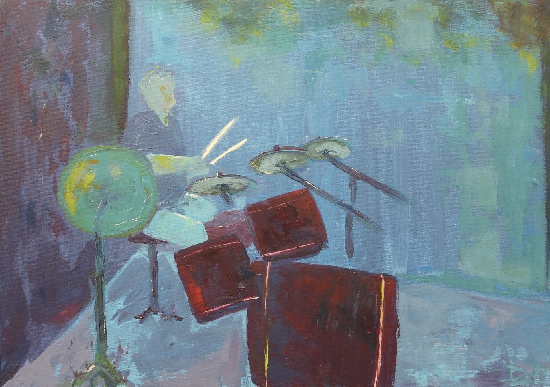 Een schilderij van een man die drums bespeelt met een wereldbol op de achtergrond
