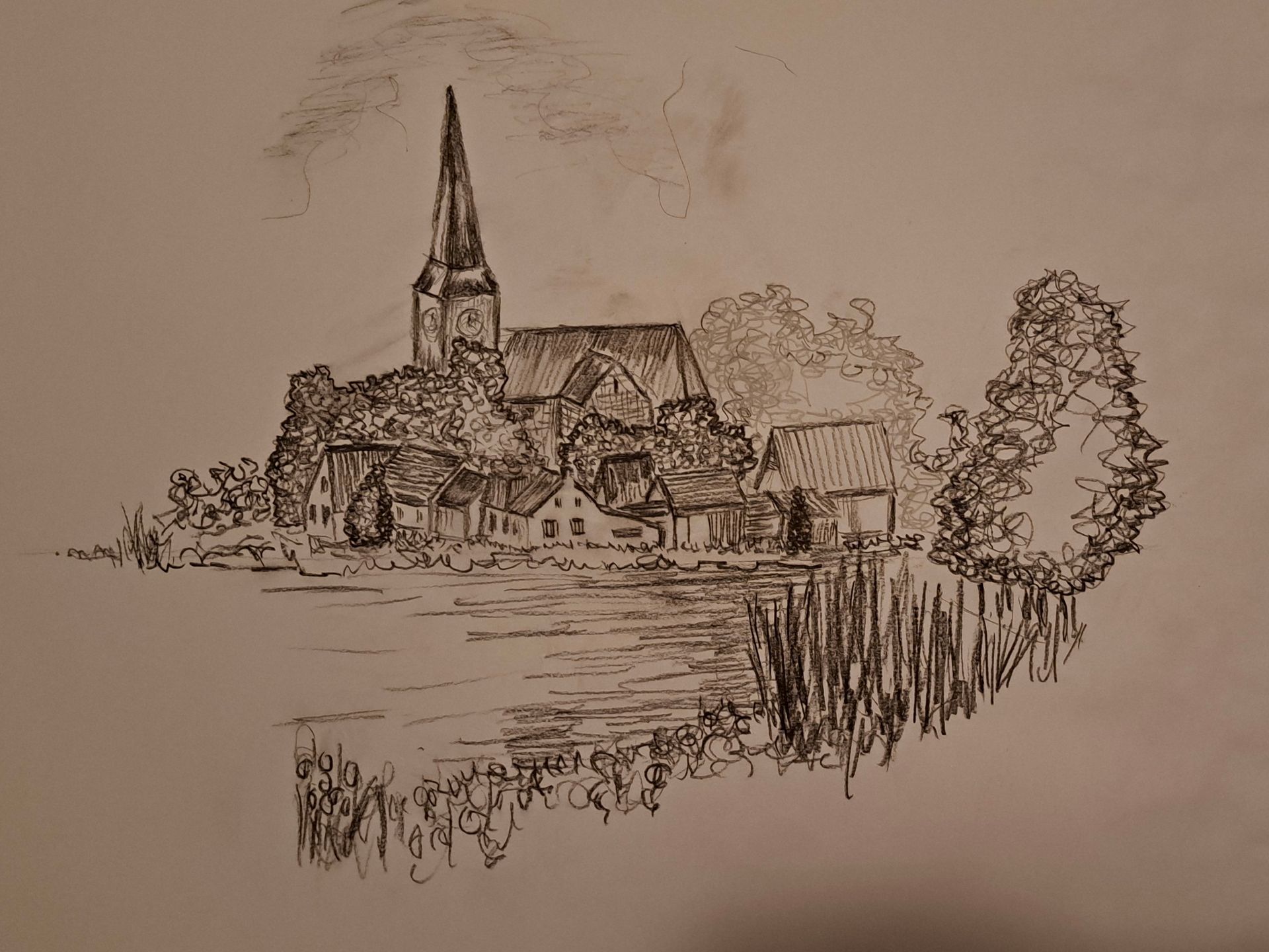 Een tekening van een dorp met een kerk op de achtergrond