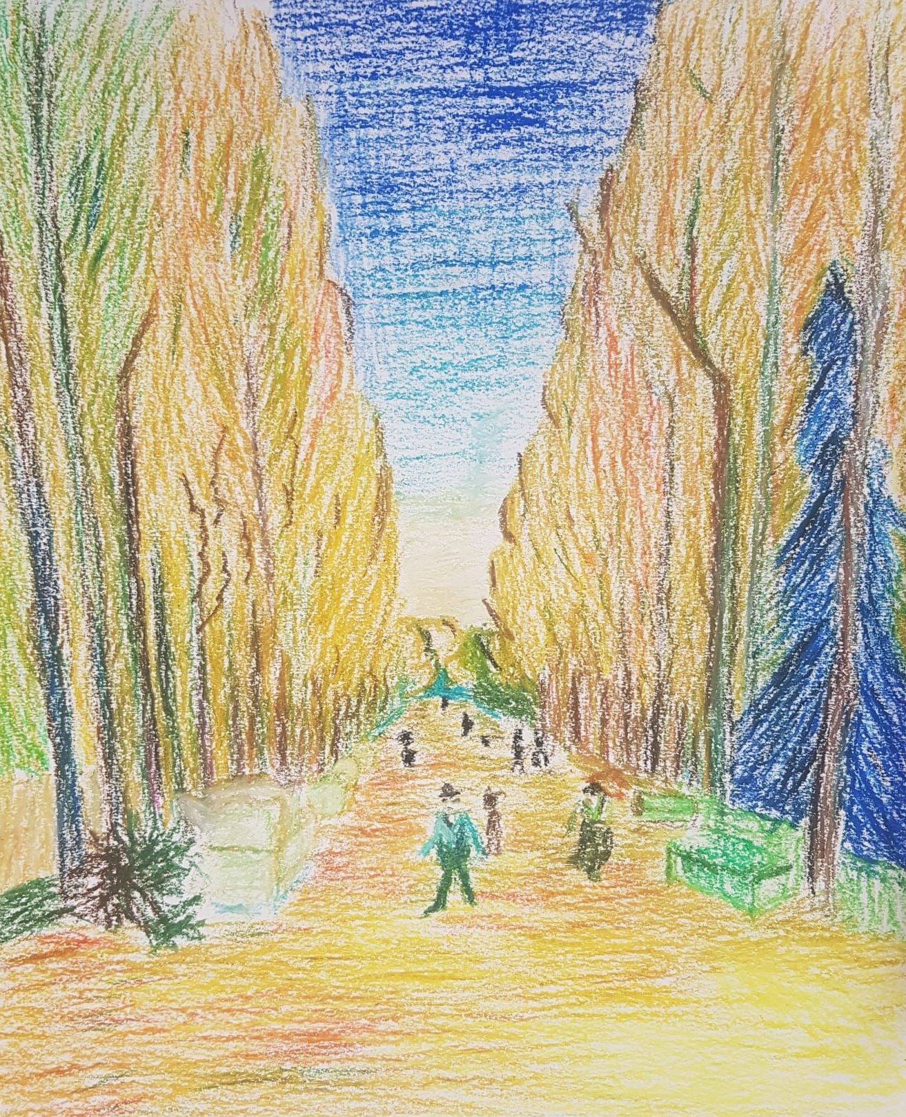 tekenen met oliepastel van een laan met bomen