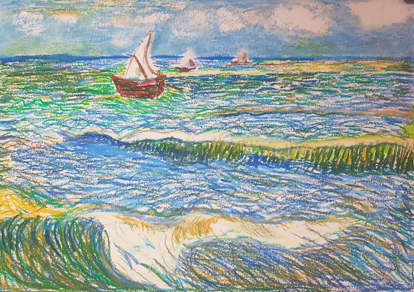 tekenen van de zee met bootjes met oliepastel