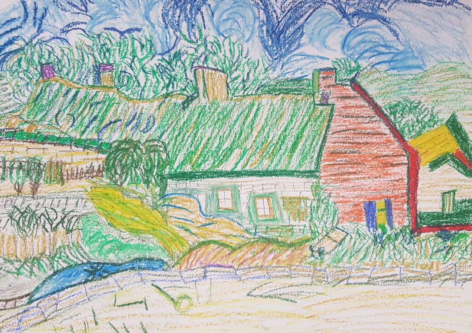 tekening met oliepastel van een huis