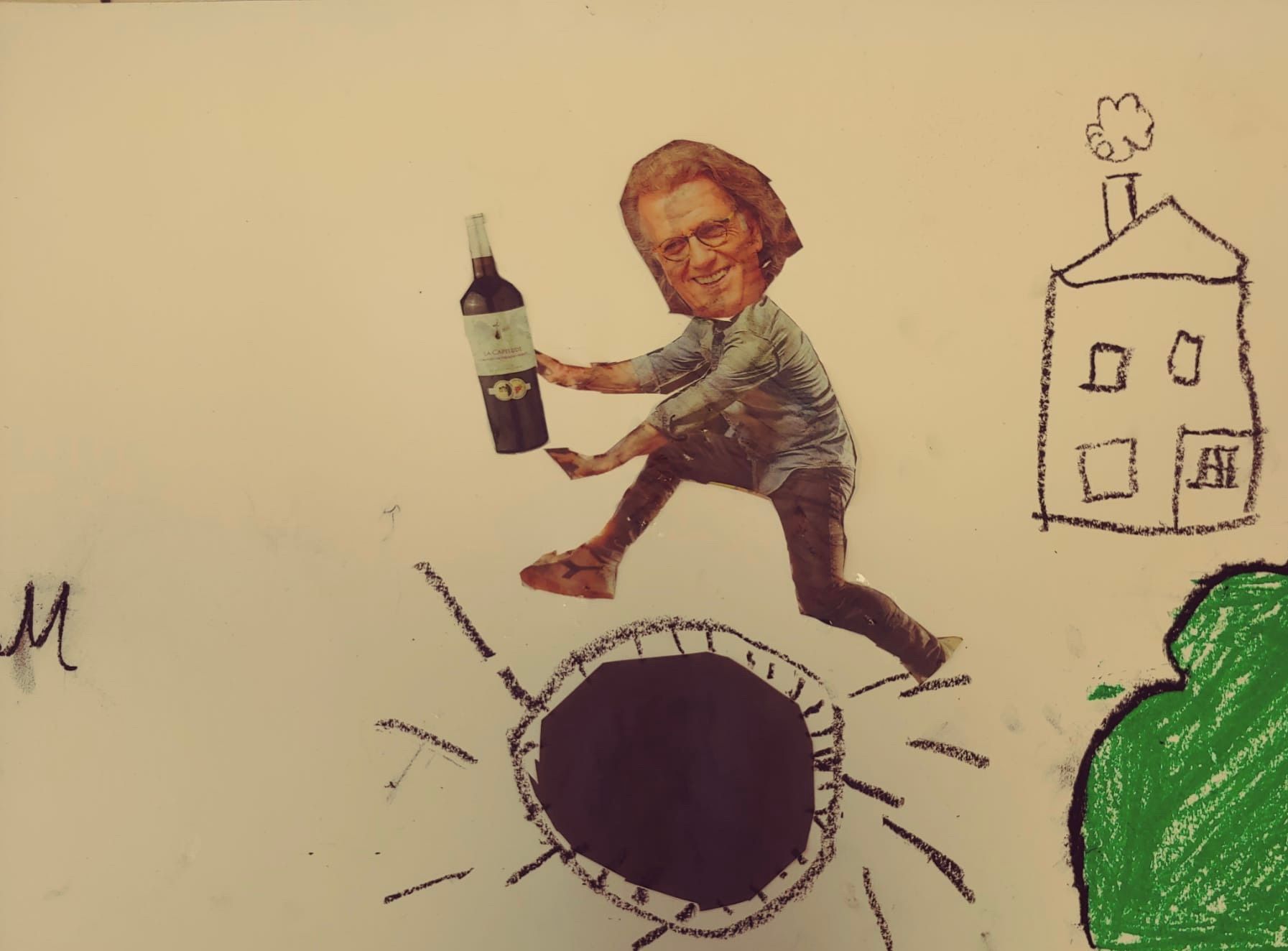 Een tekening van een man die een fles wijn vasthoudt