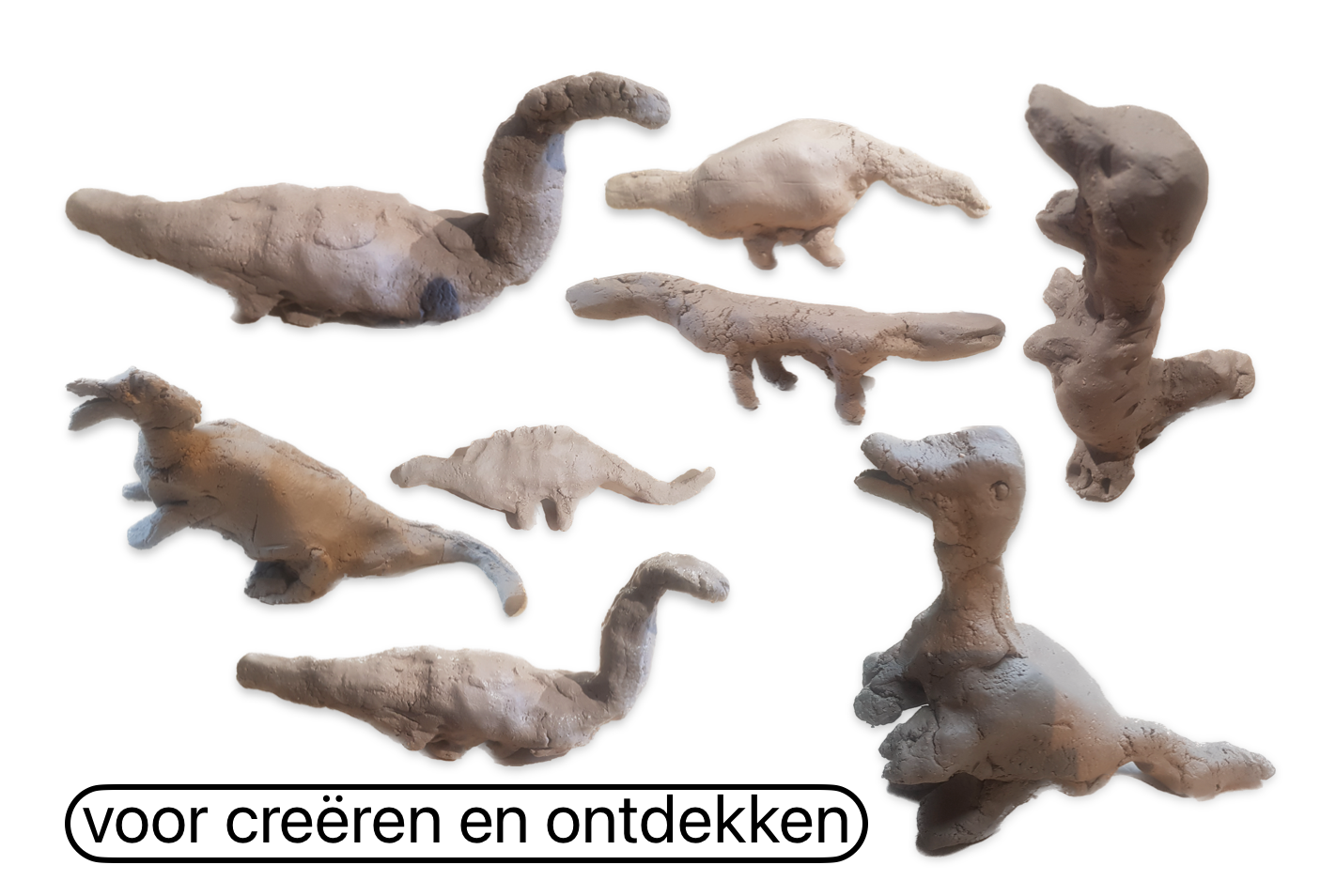 A group of clay dinosaurs with the words voor creeren en ontdekken below them