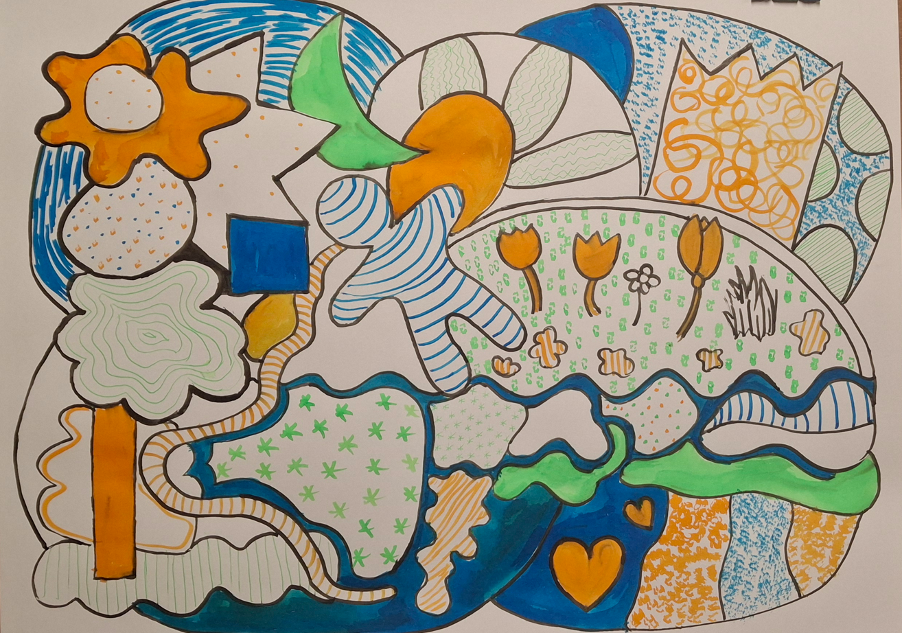 Een kindertekening van een landschap met bloemen en bomen
