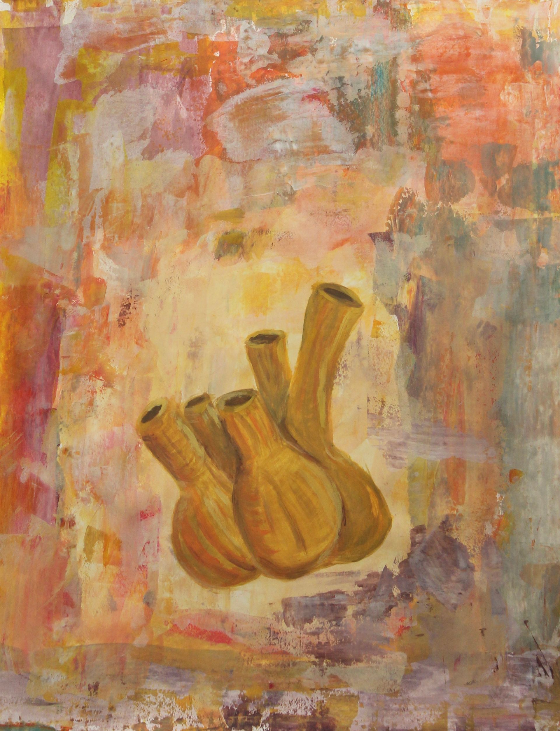 Een schilderij van drie vazen ​​op een kleurrijke achtergrond