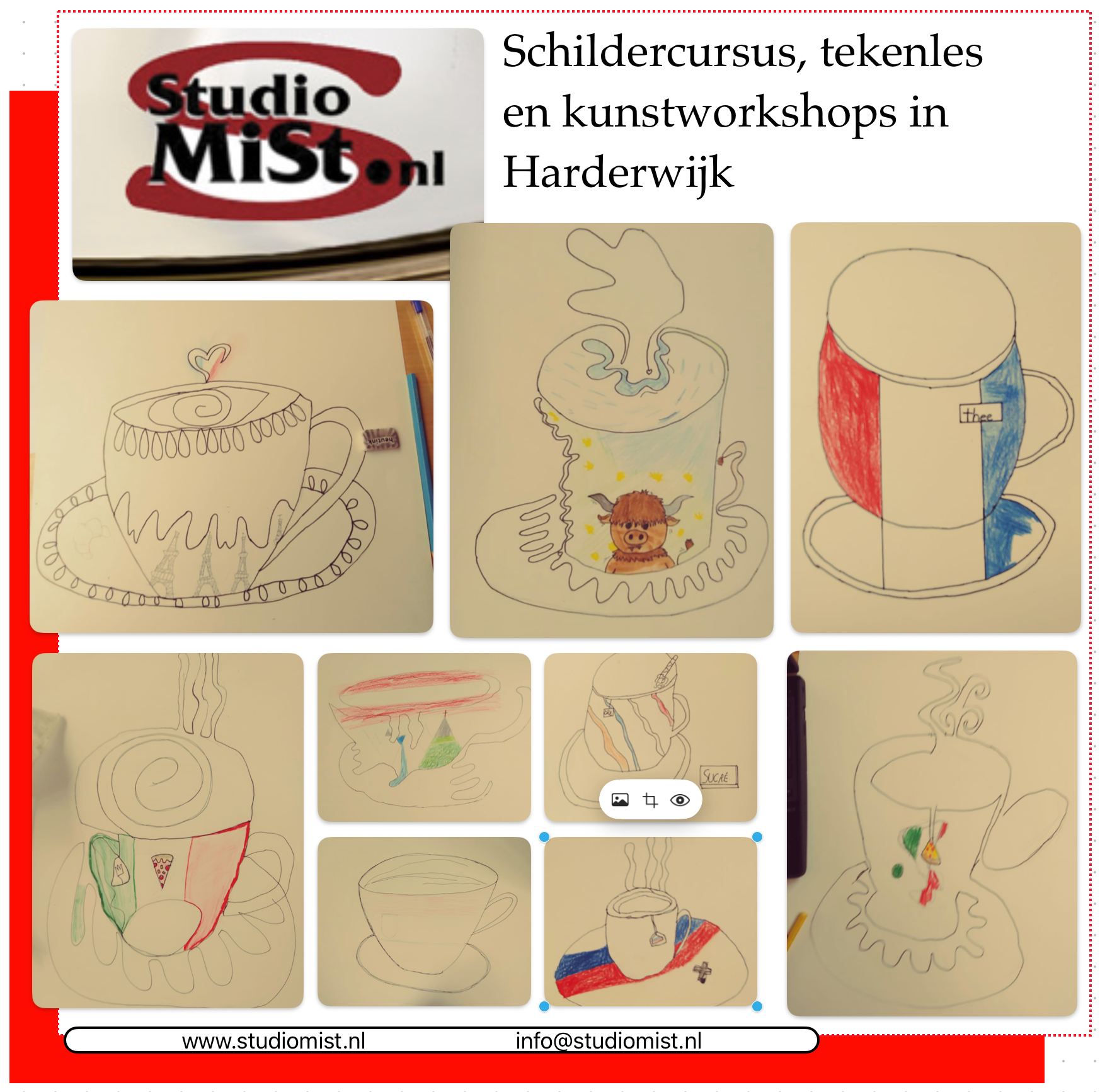 Een collage van tekeningen met kop en schotels