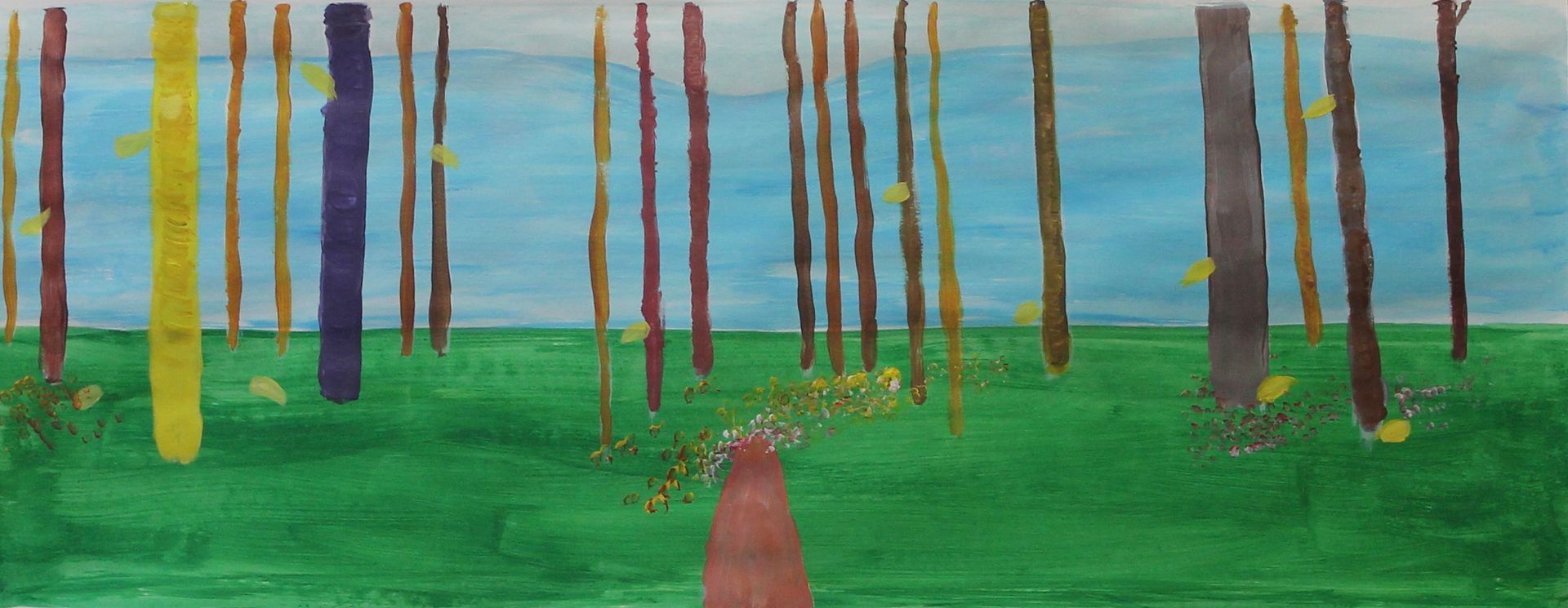Een schilderij van een bos met bomen in verschillende kleuren