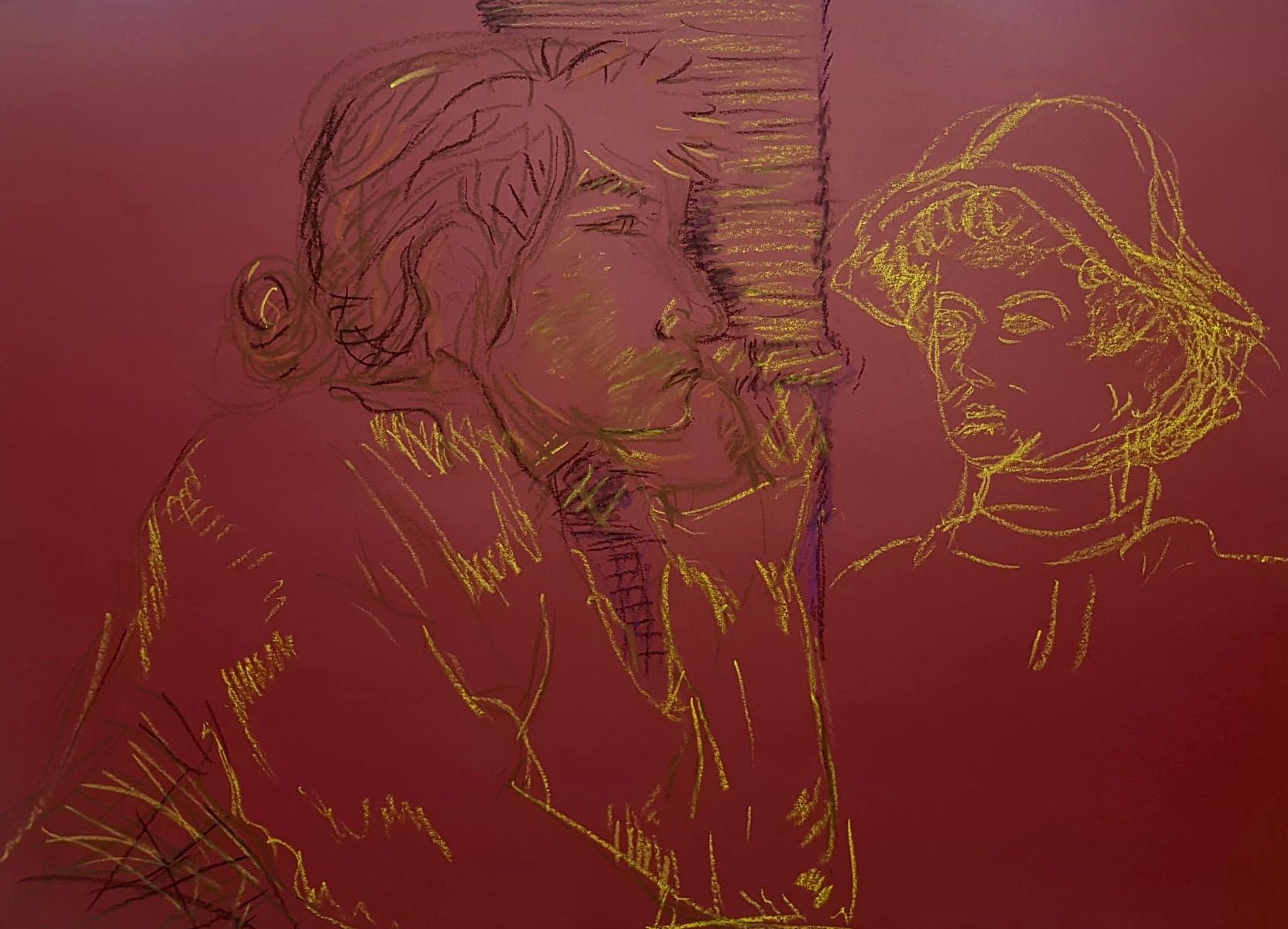 Een tekening van een man en een vrouw op een rode achtergrond