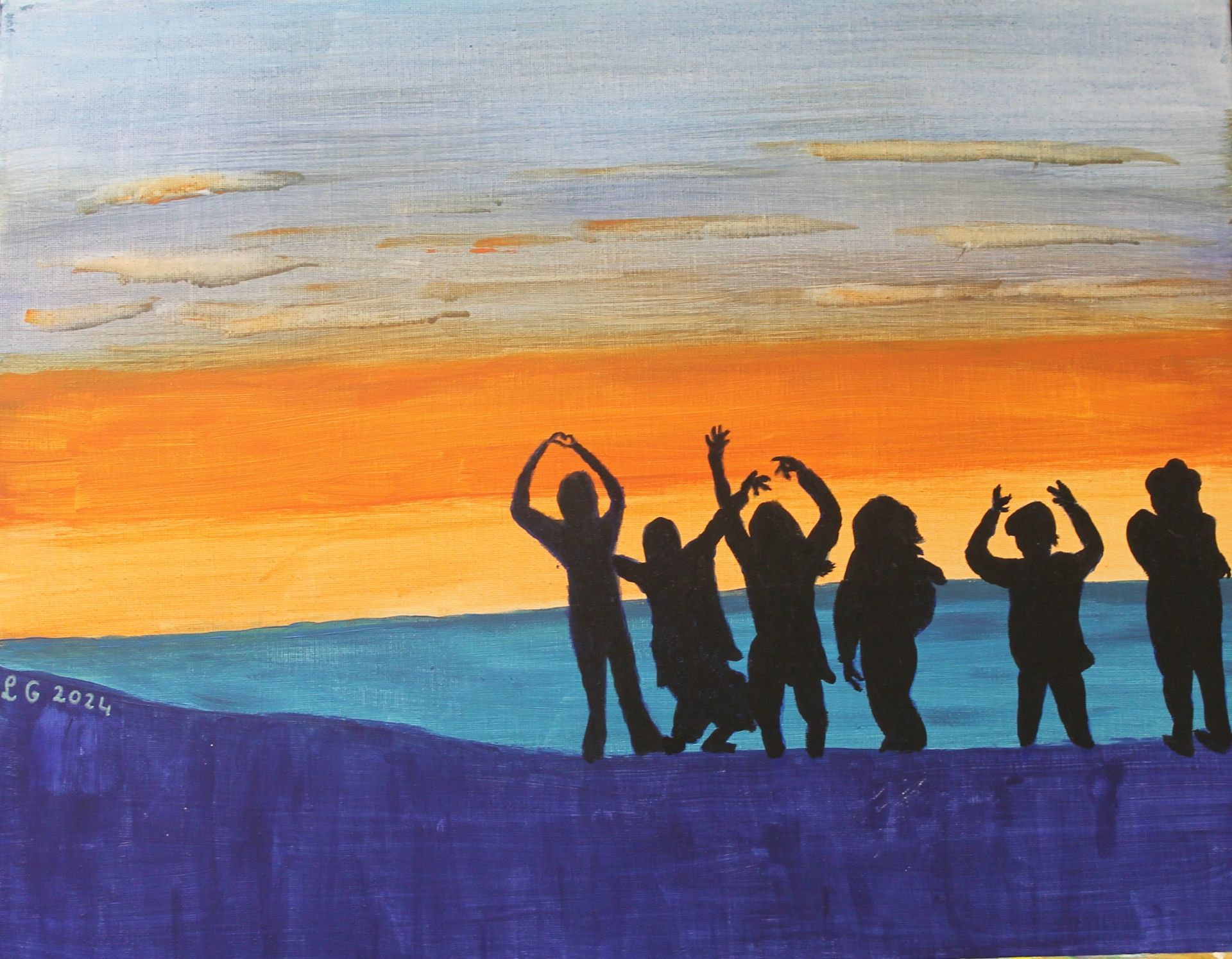 Een schilderij van een groep mensen die op de top van een heuvel staan