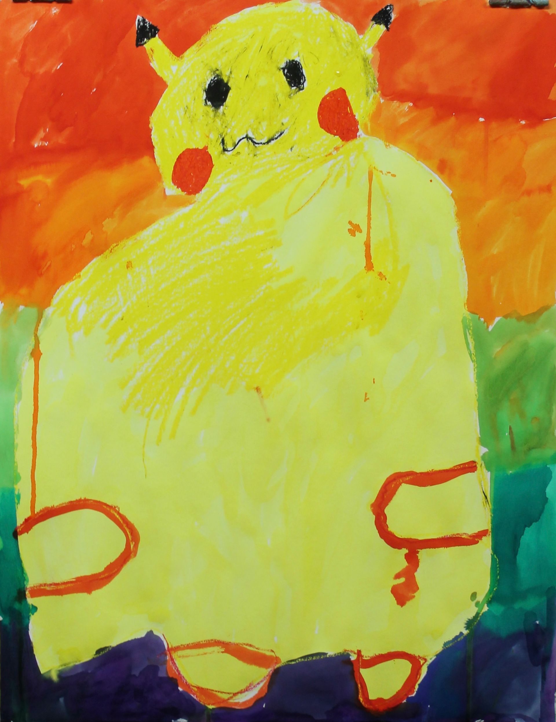 Pokemon geschilderd met ecoline en oliepastel op papier van 50 x 65 cm, let op het mooie kleurenoverloopje achter de pokemon