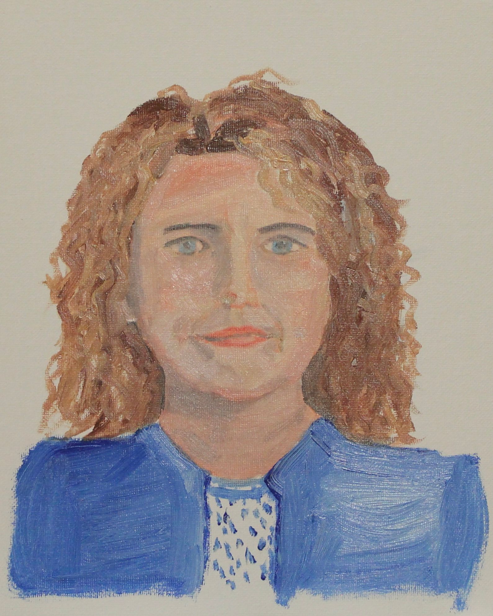 Een schilderij van een vrouw met krullend haar, gekleed in een blauw jasje