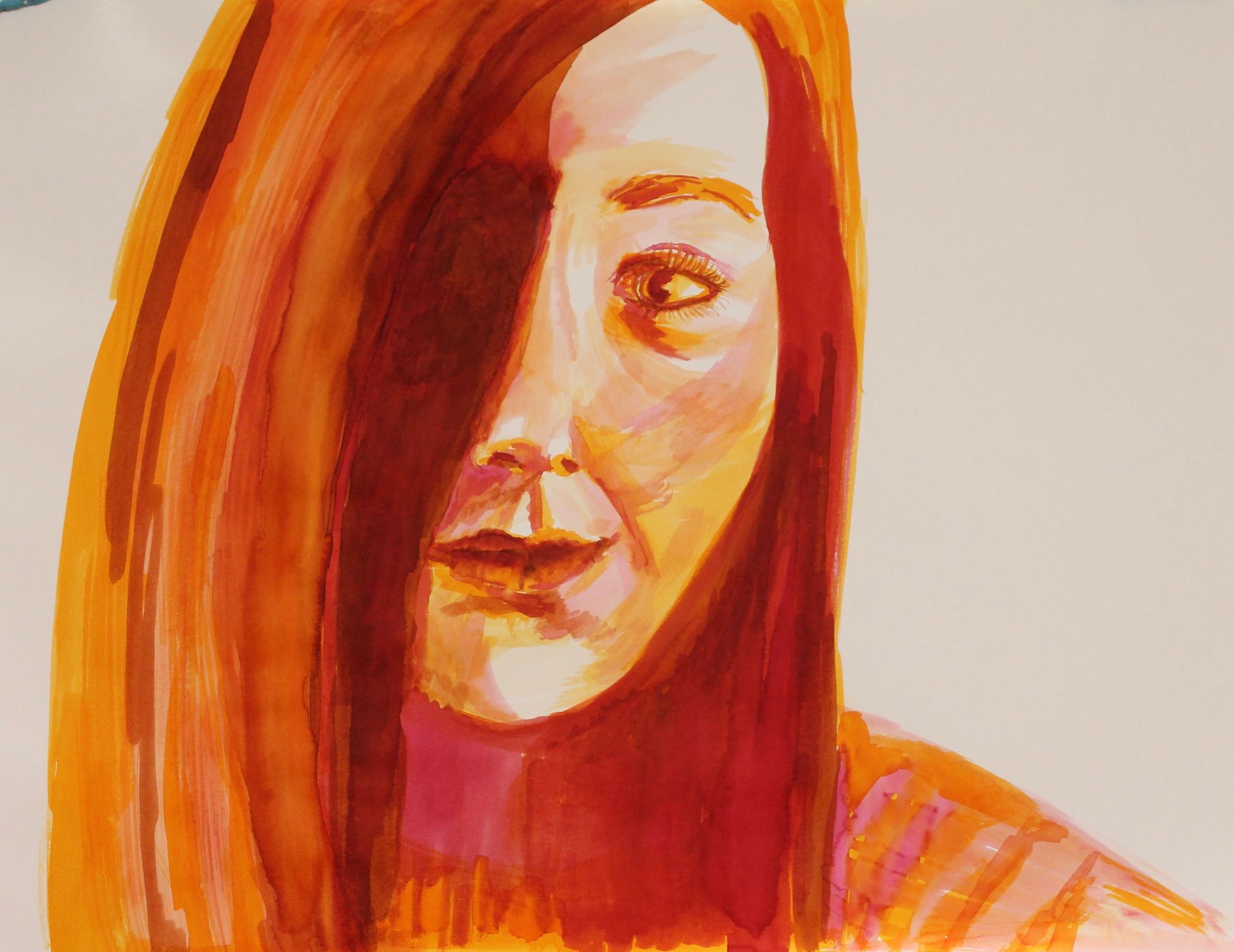 Een schilderij van een vrouw met lang rood haar