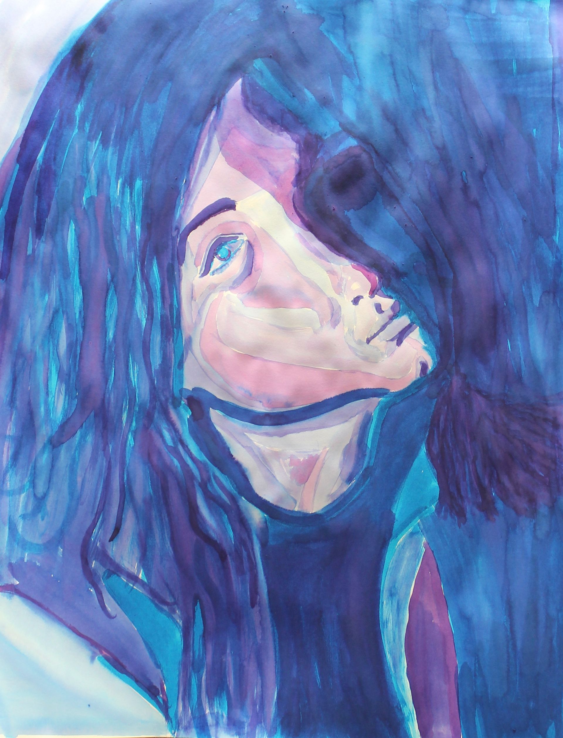 Een blauw en paars schilderij van het gezicht van een vrouw