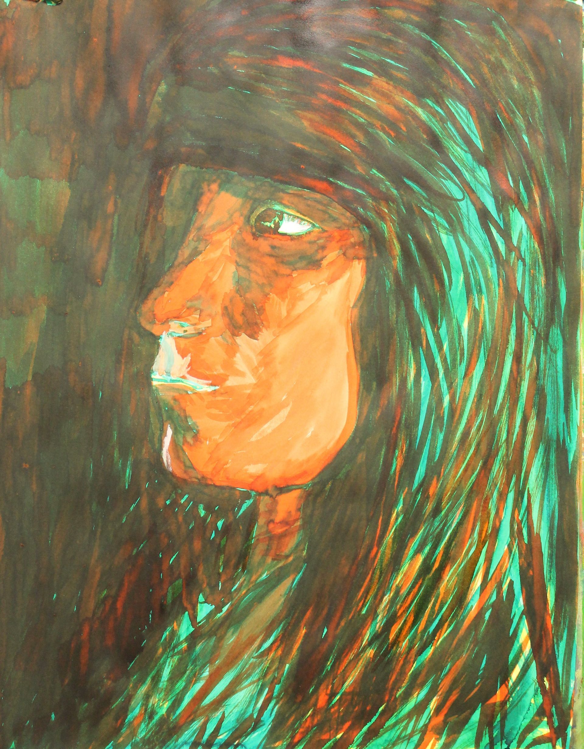 Een kleurrijk schilderij van een vrouw met lang haar