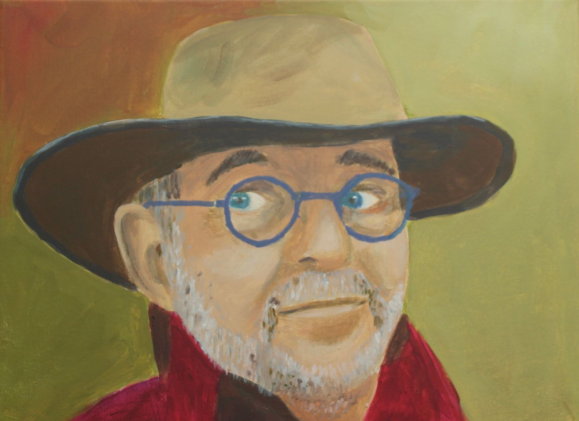 Portret van een vader met acrylverf op schilderdoek van 40 x 50 cm, geschilderd met bril, hoed en een guitige blik