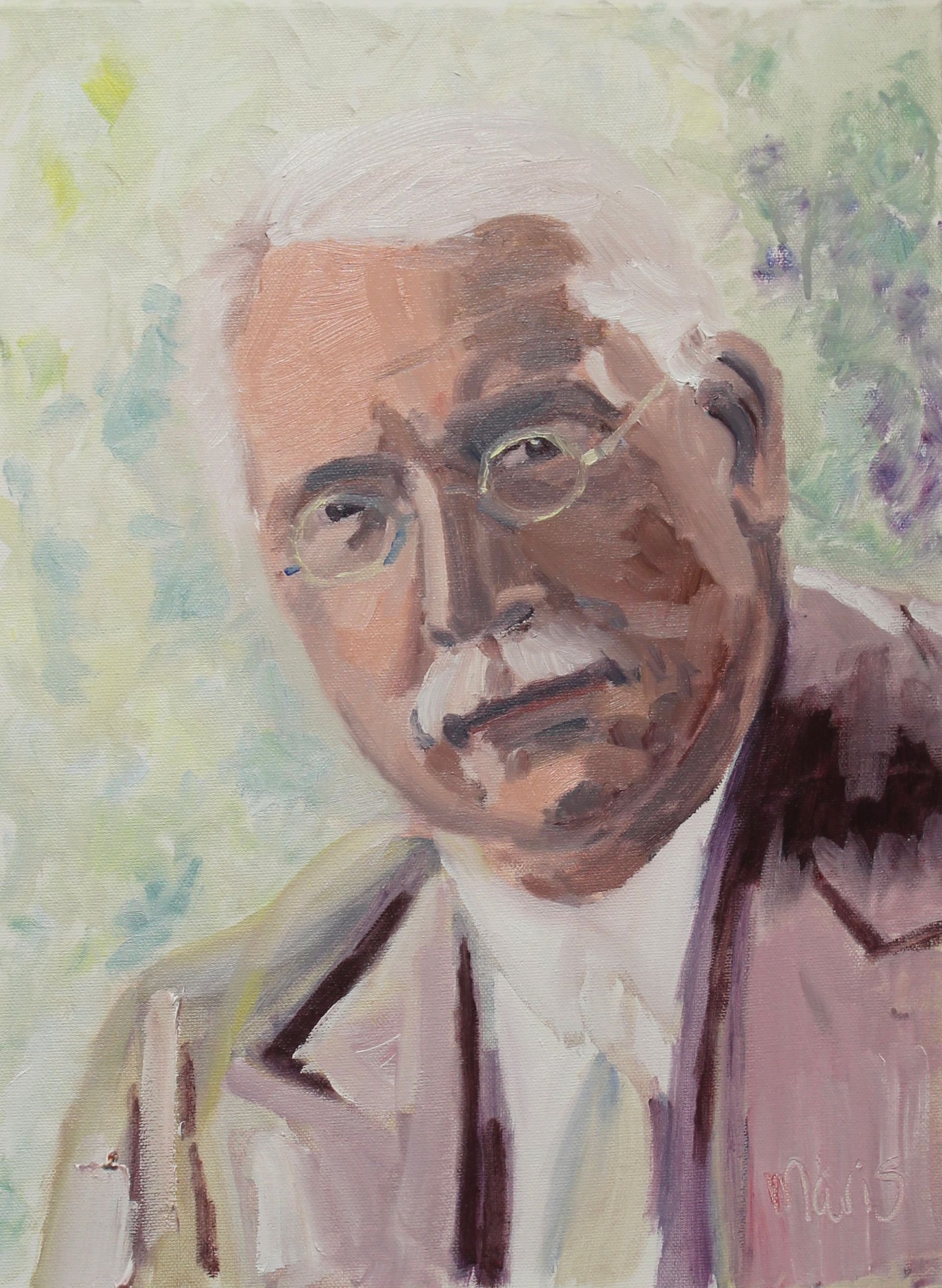 Man met bril, licht pak, wit haar en snor; olieverfschilderij, pastelkleuren, tegen een wazige achtergrond.