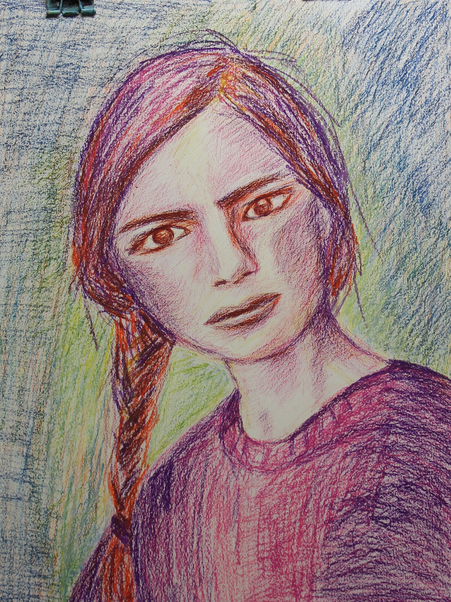 Tekening van jonge vrouw met oliepastels