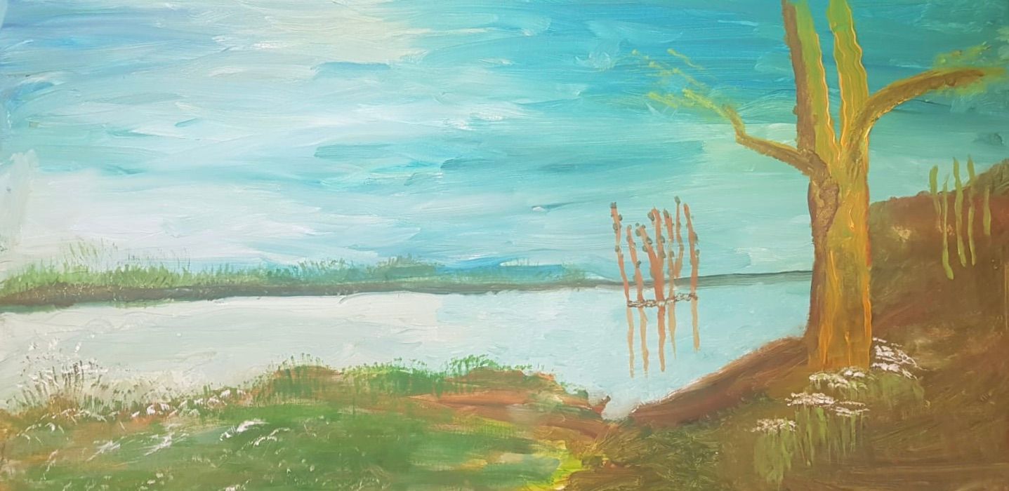 In een schilderles van twee uur maken drie personen dit kunstwerk gezamenlijk op een groot schilderdoek
