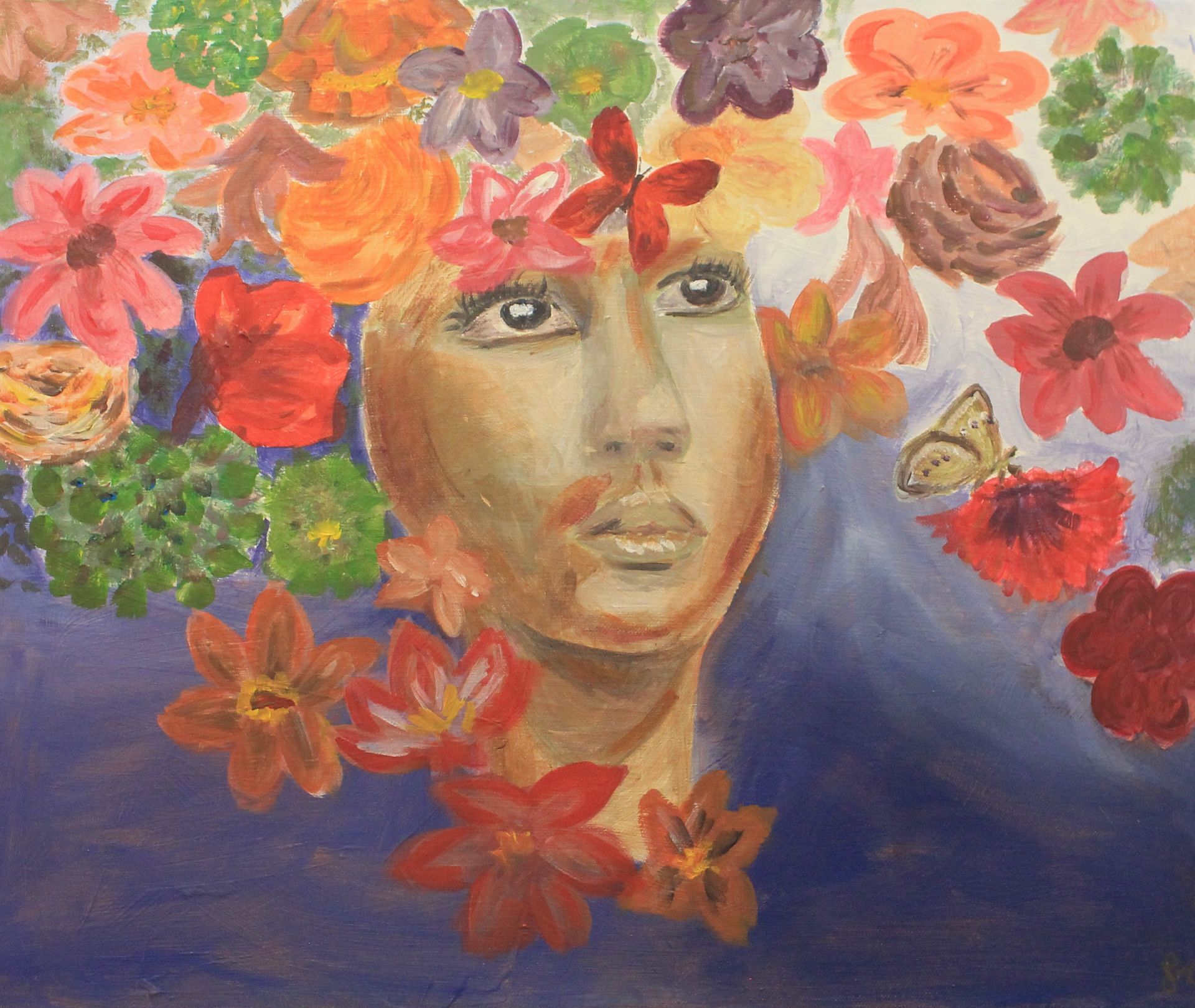 Een schilderij van een vrouw omringd door bloemen en vlinders