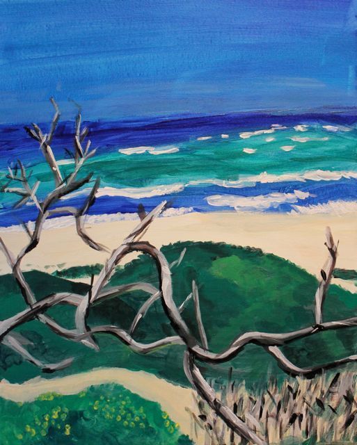 Schilderij van houten takken in de duinen geschilderd door een deelnemer bij Studio MiSt in Harderwijk