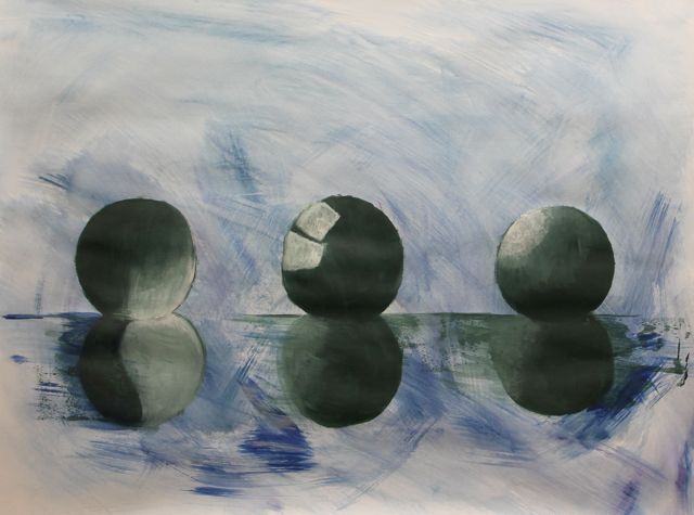 Een schilderij van drie bollen geschilderd door een deelnemer bij Studio MiSt in Harderwijk