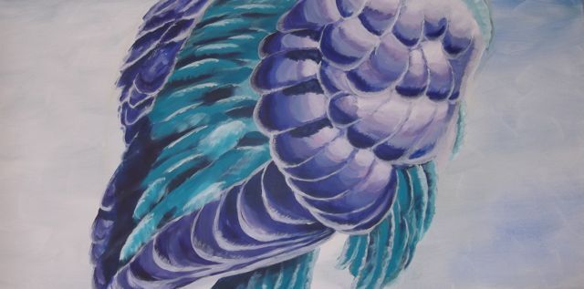 Schilderij van de veren van een vogel geschilderd door een deelnemer bij Studio MiSt in Harderwijk
