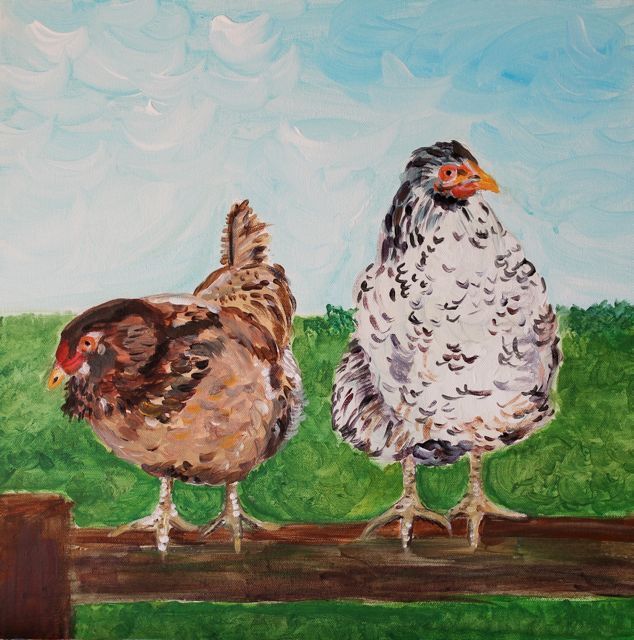 Schilderij van twee kippen geschilderd door een deelnemer bij Studio MiSt in Harderwijk