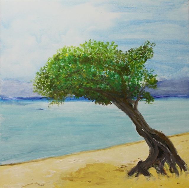 Schilderij van een boom op het strand geschilderd door een deelnemer bij Studio MiSt in Harderwijk