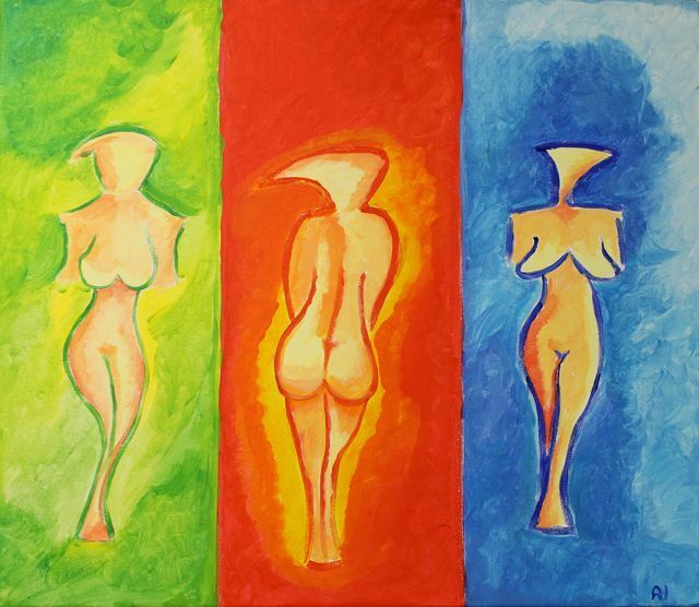 Schilderij van drie vrouwfiguren geschilderd door een deelnemer bij Studio MiSt in Harderwijk