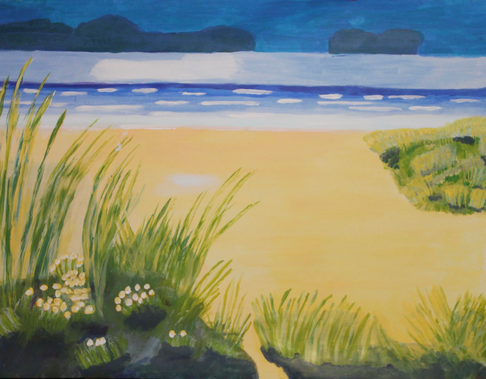 Aquarel schilderij van een strandscène met zand, zee, eilanden in de verte en duinen.