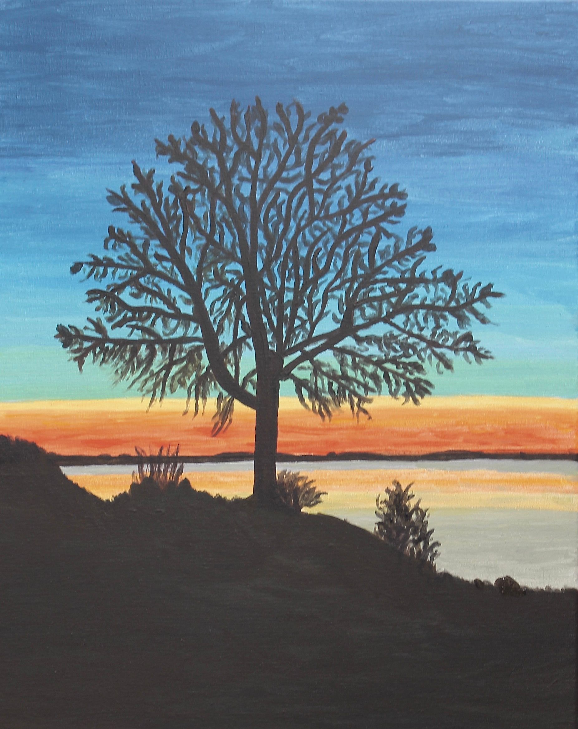 Schilderij van een zonsondergang geschilderd met acrylverf op schilderdoek van 40 x 50 cm
