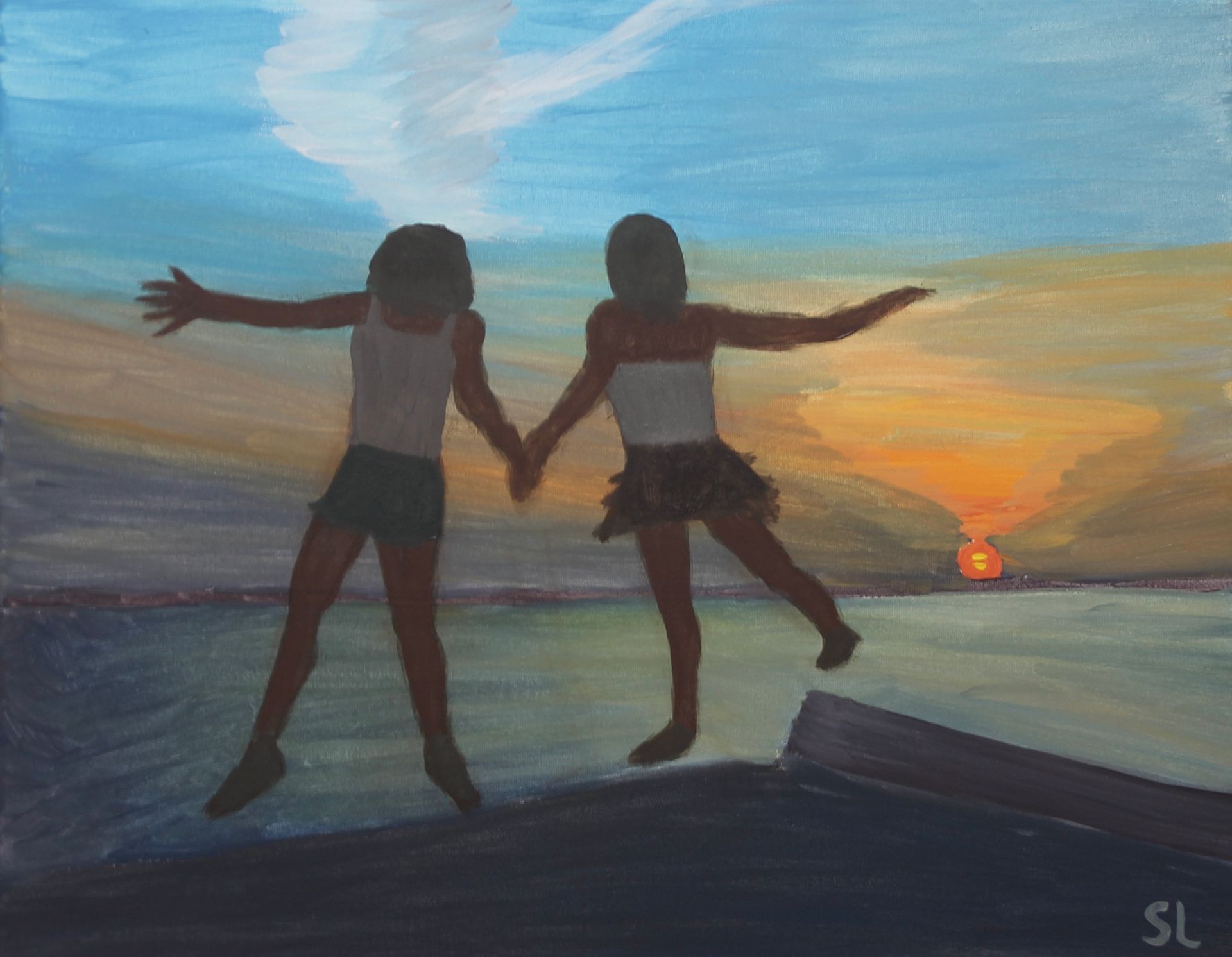 Twee vriendinnen afgebeeld voor een ondergaande zon op schilderdoek van 40 x 50 cm met acrylverf