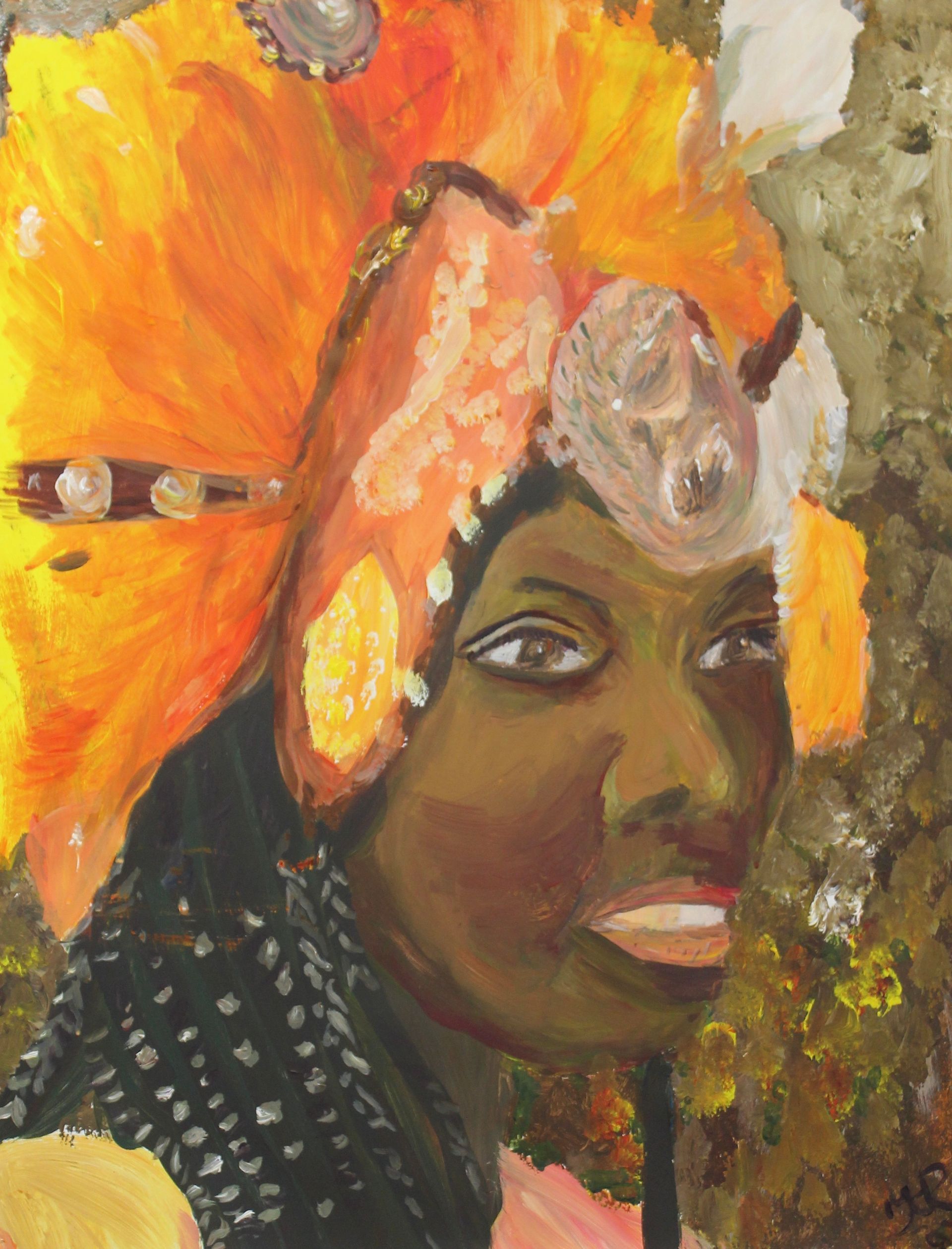 Schilderij vrouw van kleur, kleurrijke hoofdtooi die meedoet aan een carnavalsparade afgebeeld op papier van 50 x 65 cm