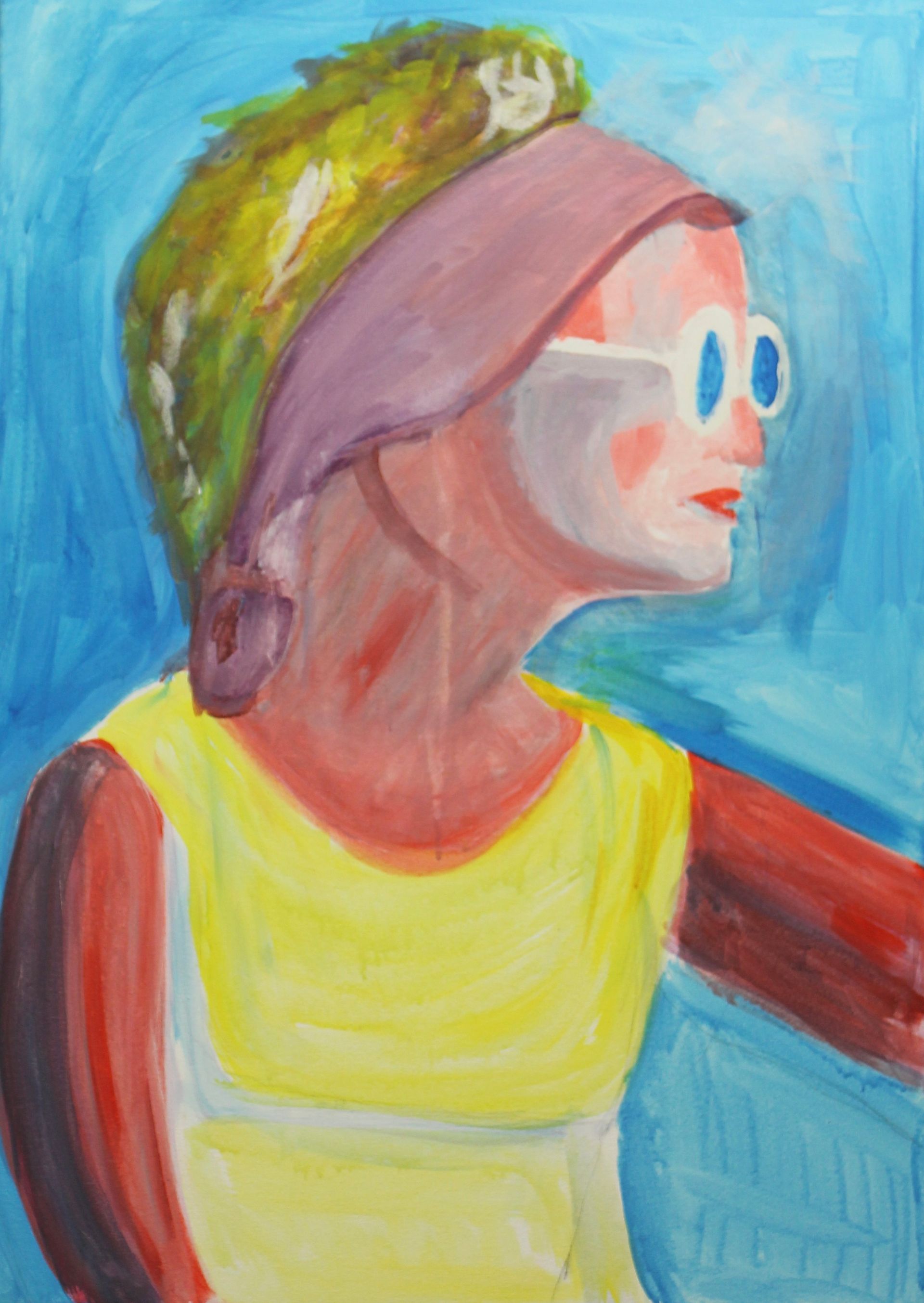 Schilderij van jonge dame uit jaren zestig met acrylverf