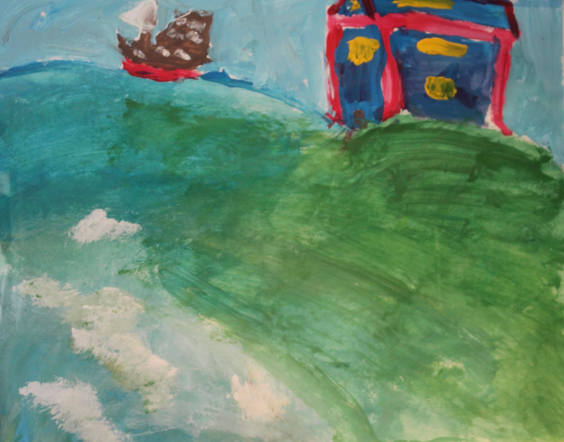 Schilderij van de drie elementen van de kindercursus. Geschilderd met acrylverf op papier van 50 x 65 cm
