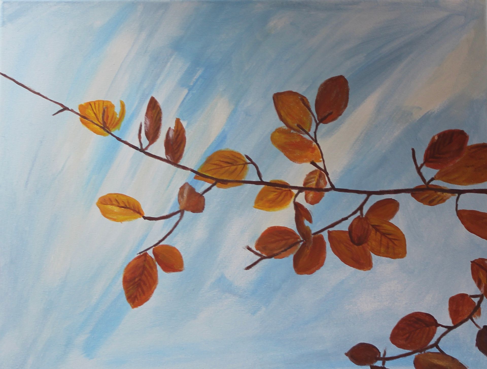 Schilderij van een herfsttak met verkleurde blaadjes, geschilderd op schilderdoek