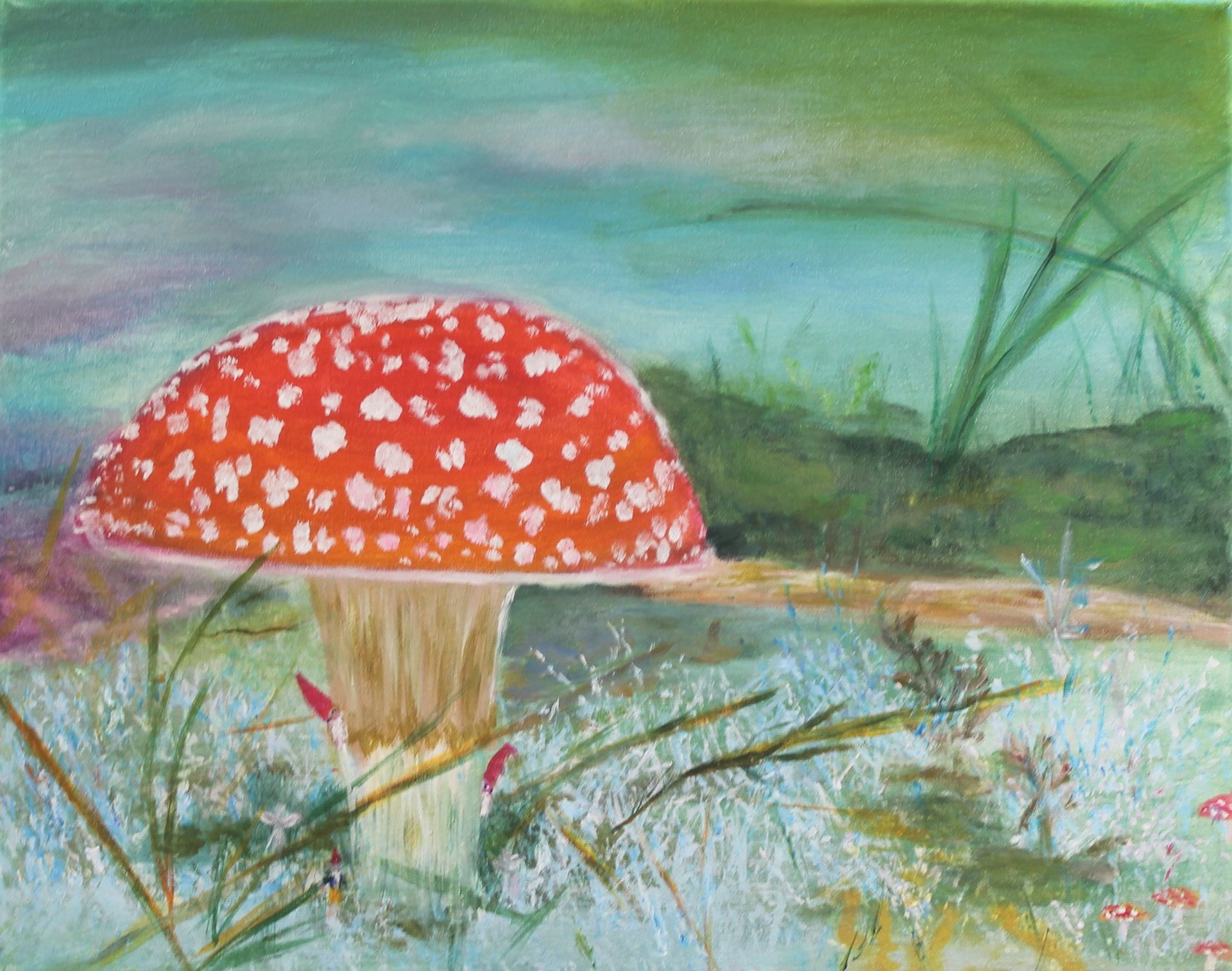 Schilderij van een sprookje, let op de kabouterjes, op schilderdoek van 40 x 50 cm