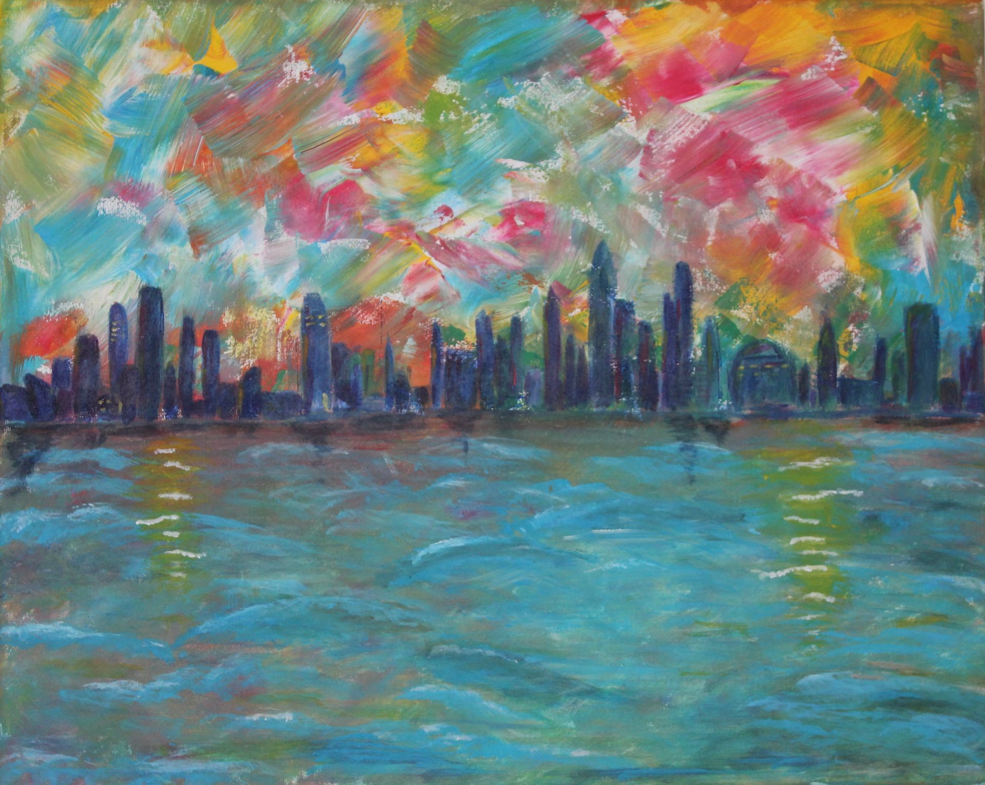 De skyline geschilderd op schilderdoek van 40 x 50 cm met acrylverf
