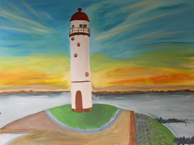 Schilderij van een vuurtoren geschilderd door een deelnemer bij Studio MiSt in Harderwijk