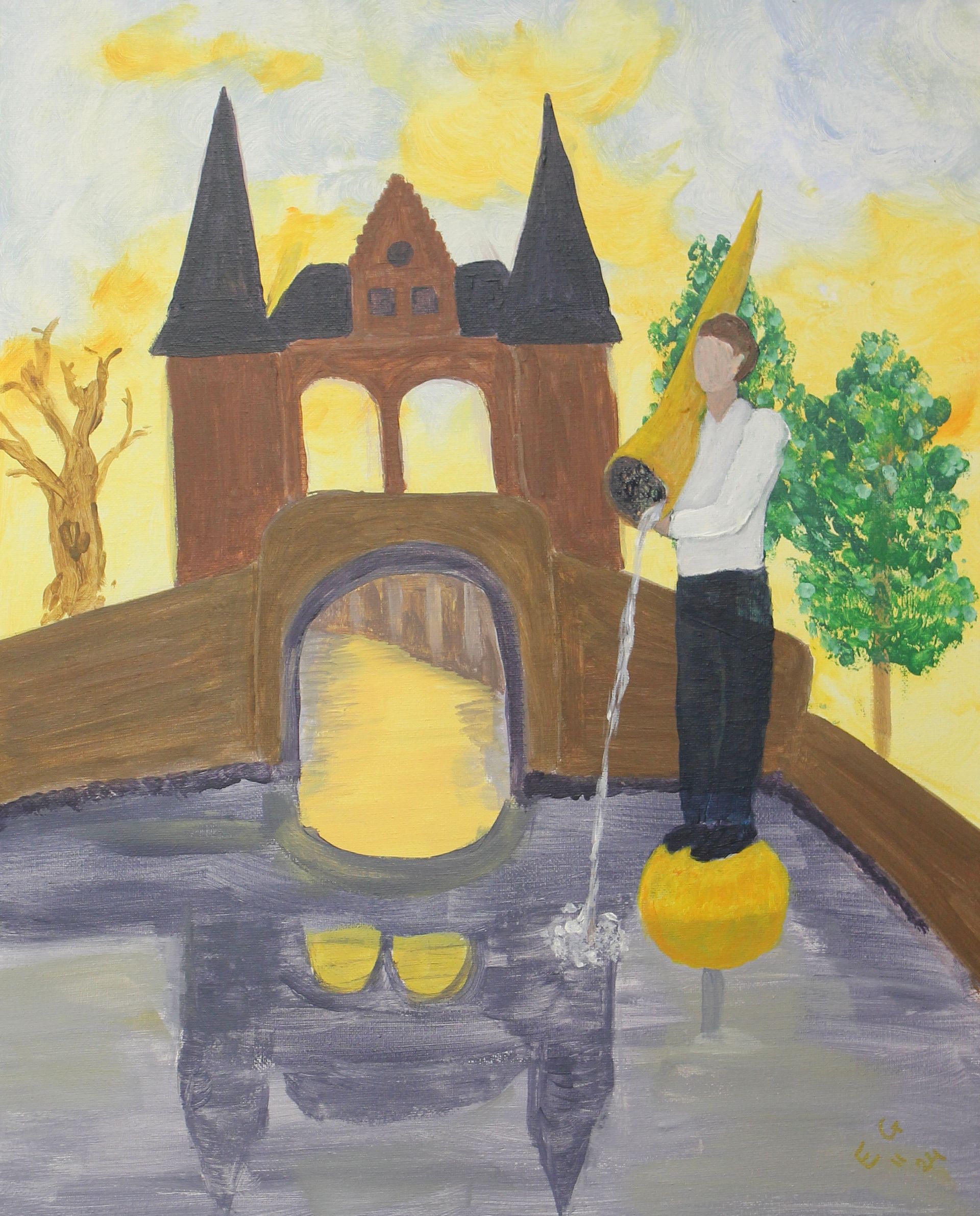 Een schilderij van een man die trompet speelt voor een kasteel