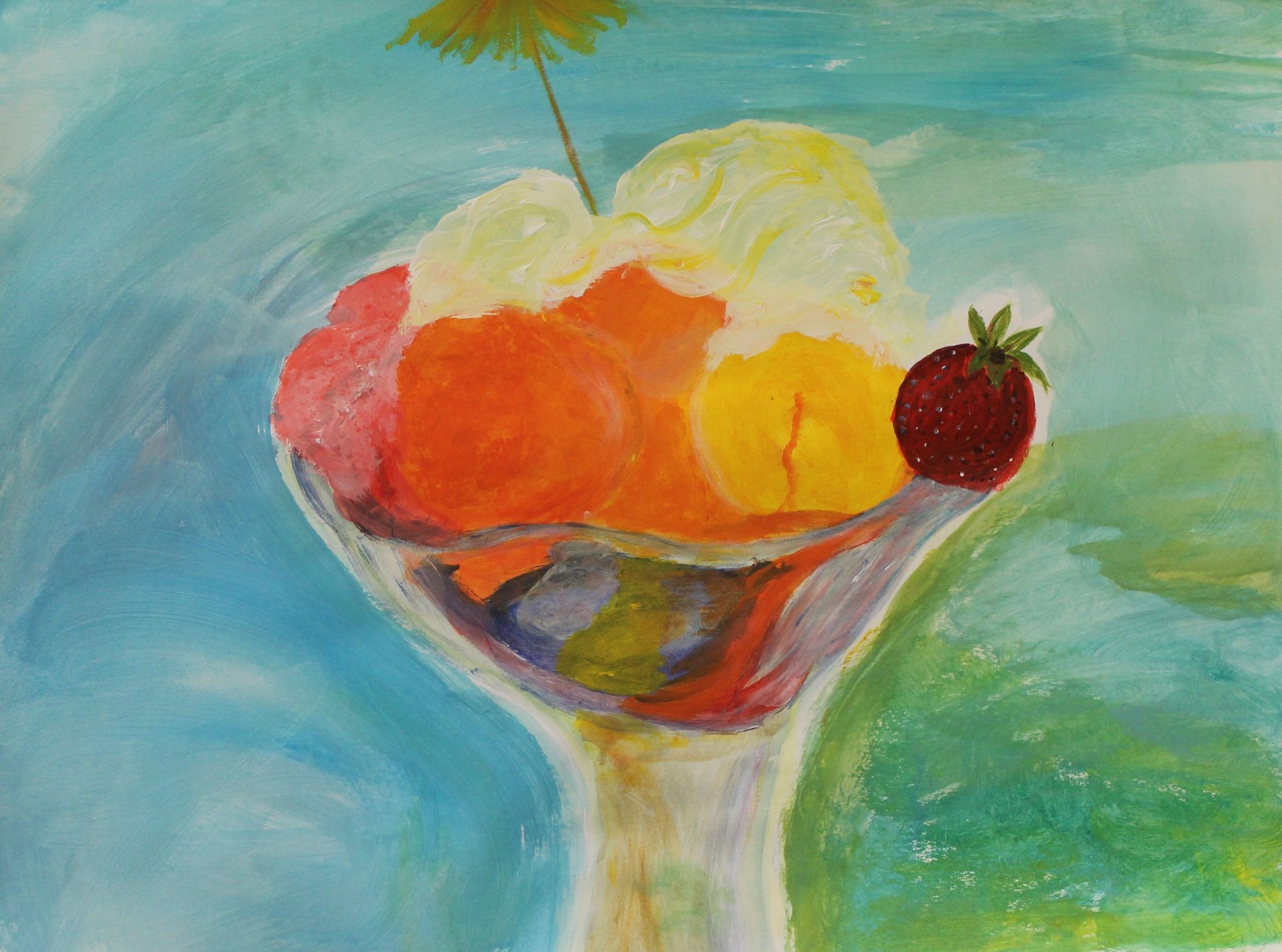 Een schilderij van een ijscoupe met een aardbei erop