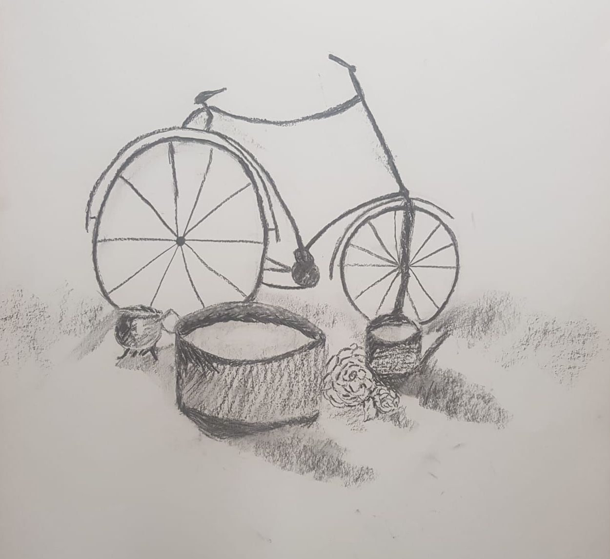 Een zwart-wit tekening van een ouderwetse fiets