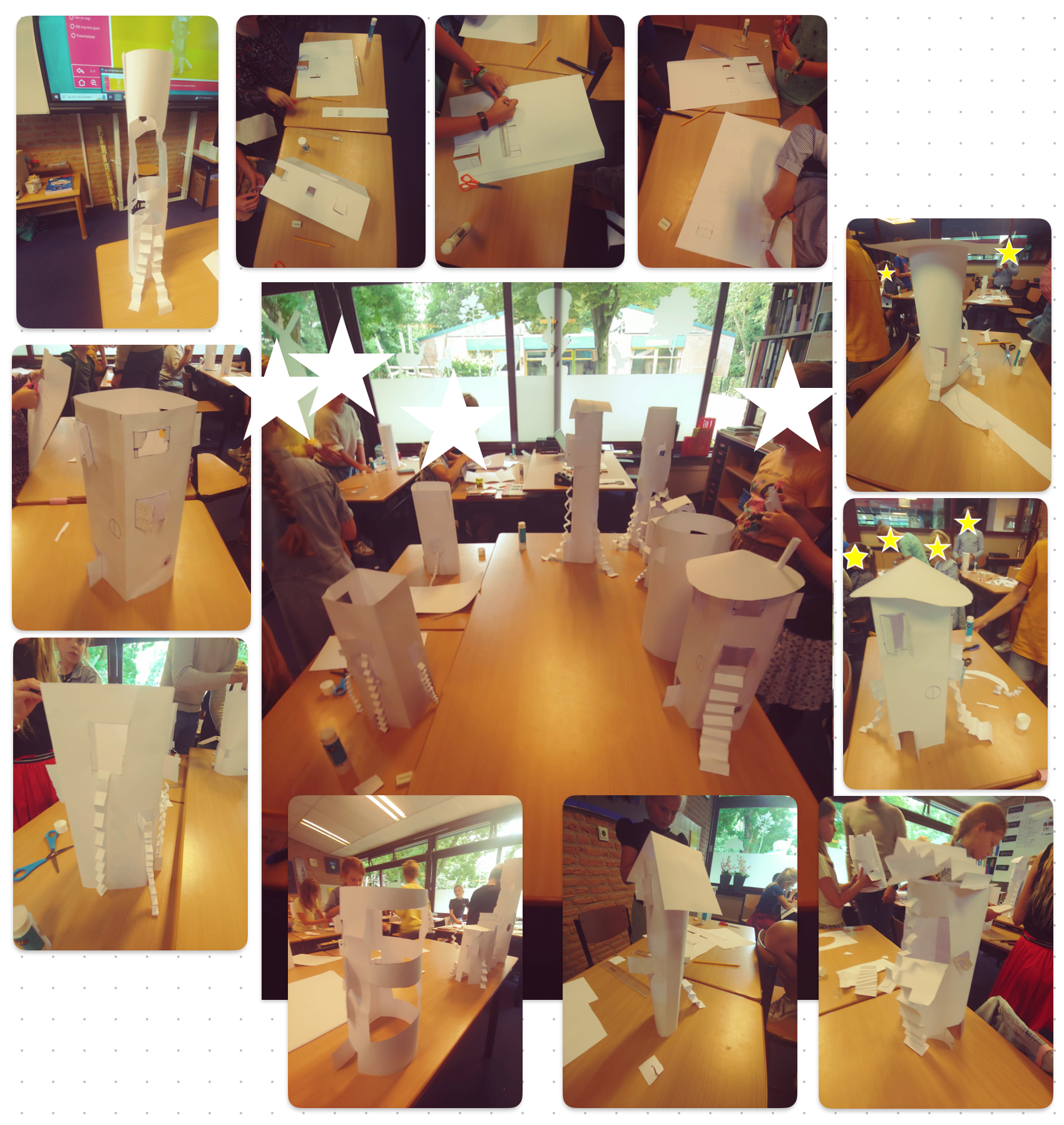 een toren van papier maken tijdens de kunstles