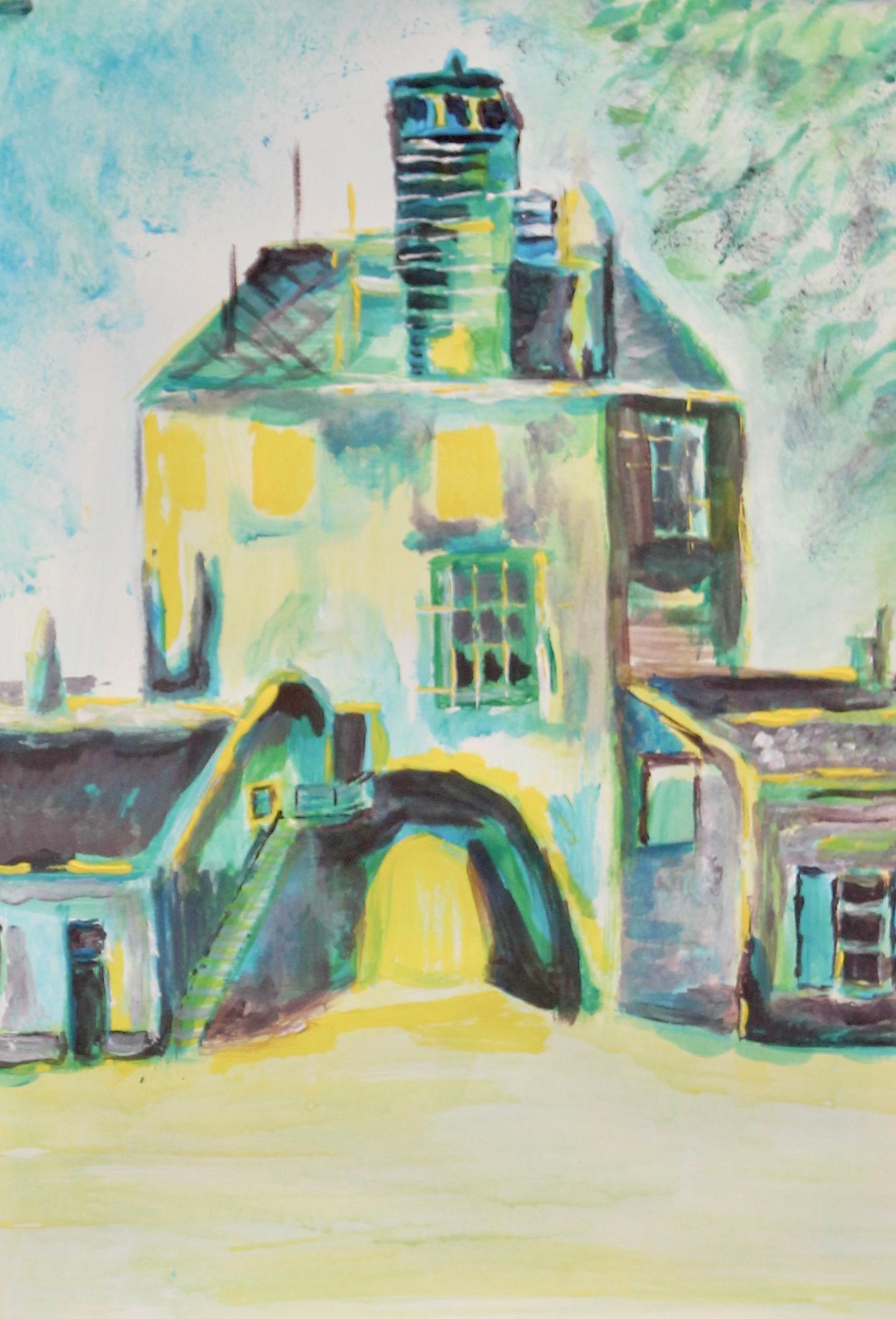 schilderij van de vischpoort in Harderwijk in geel, groen en paars